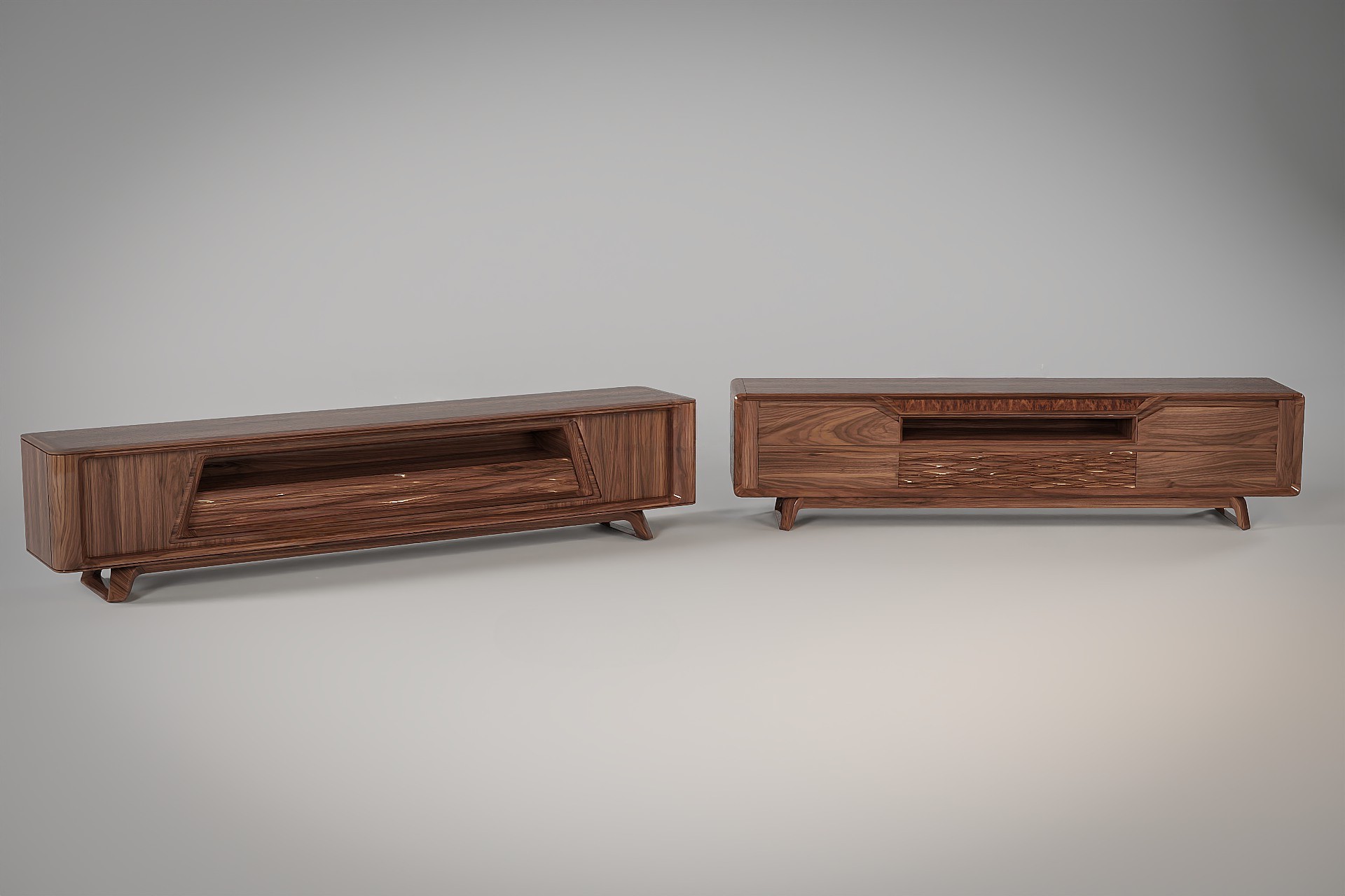 Mẫu kệ tivi phòng khách gỗ óc chó tự nhiên với vân gỗ nổi bật.