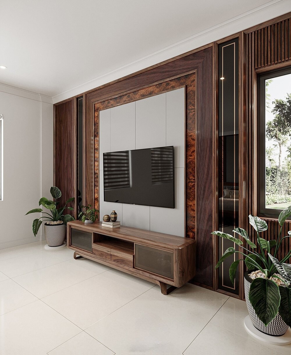 Mẫu kệ tivi phòng khách gỗ óc chó bố trí cân đối và hiện đại.