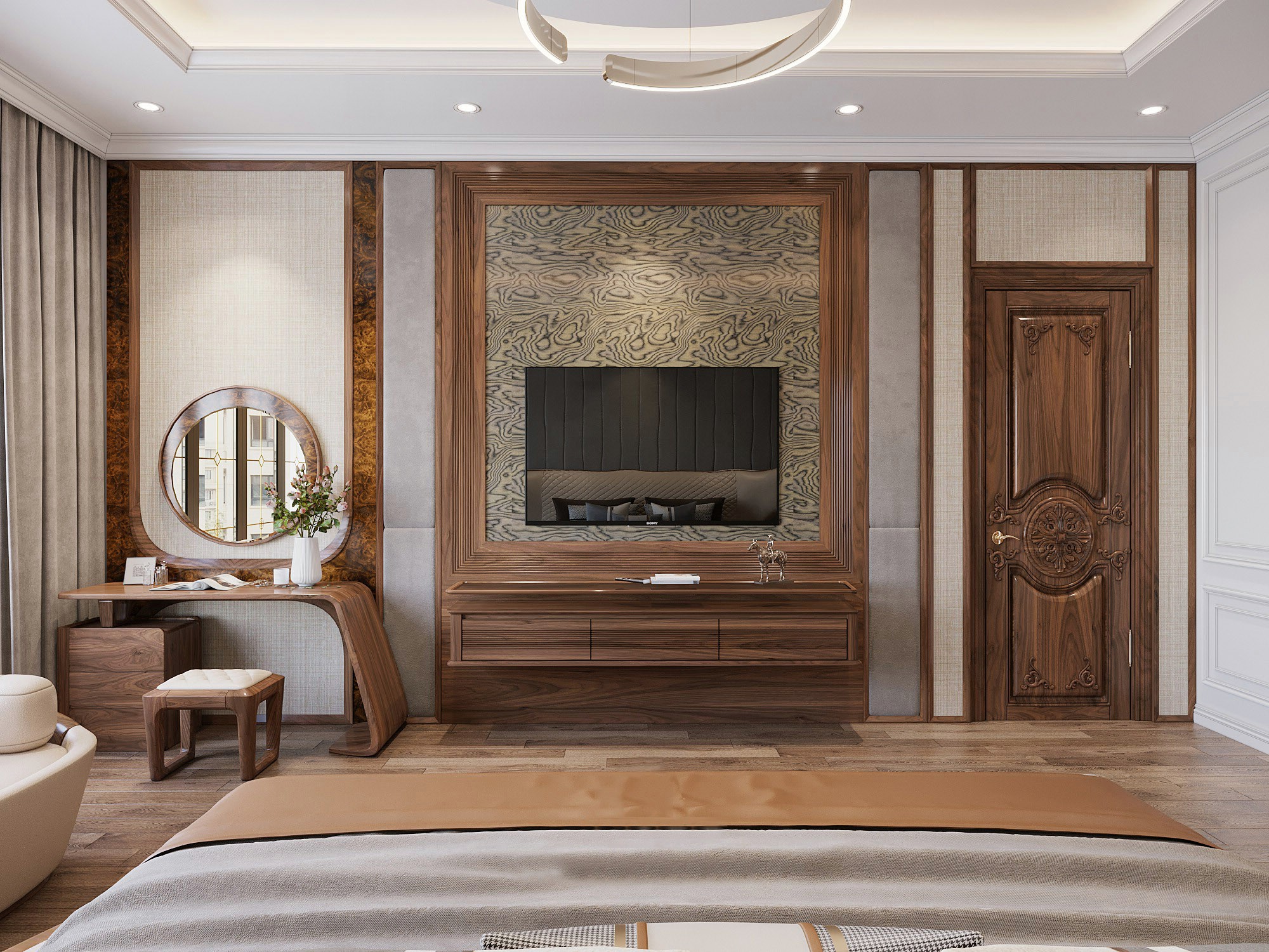 mẫu kệ tivi treo tường gỗ óc chó hiện đại CNC sóng lam