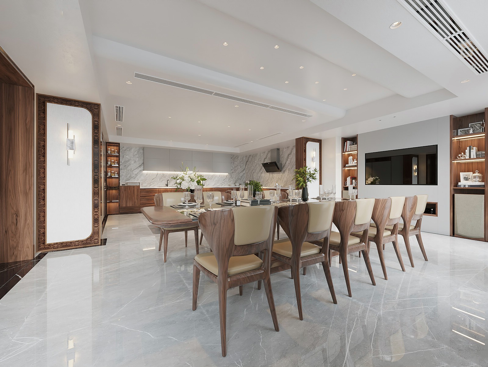 Mẫu nội thất phòng bếp gỗ óc chó đẹp với hệ tủ bếp đồng bộ, quầy bar tích hợp và tone màu nâu trầm sang trọng.