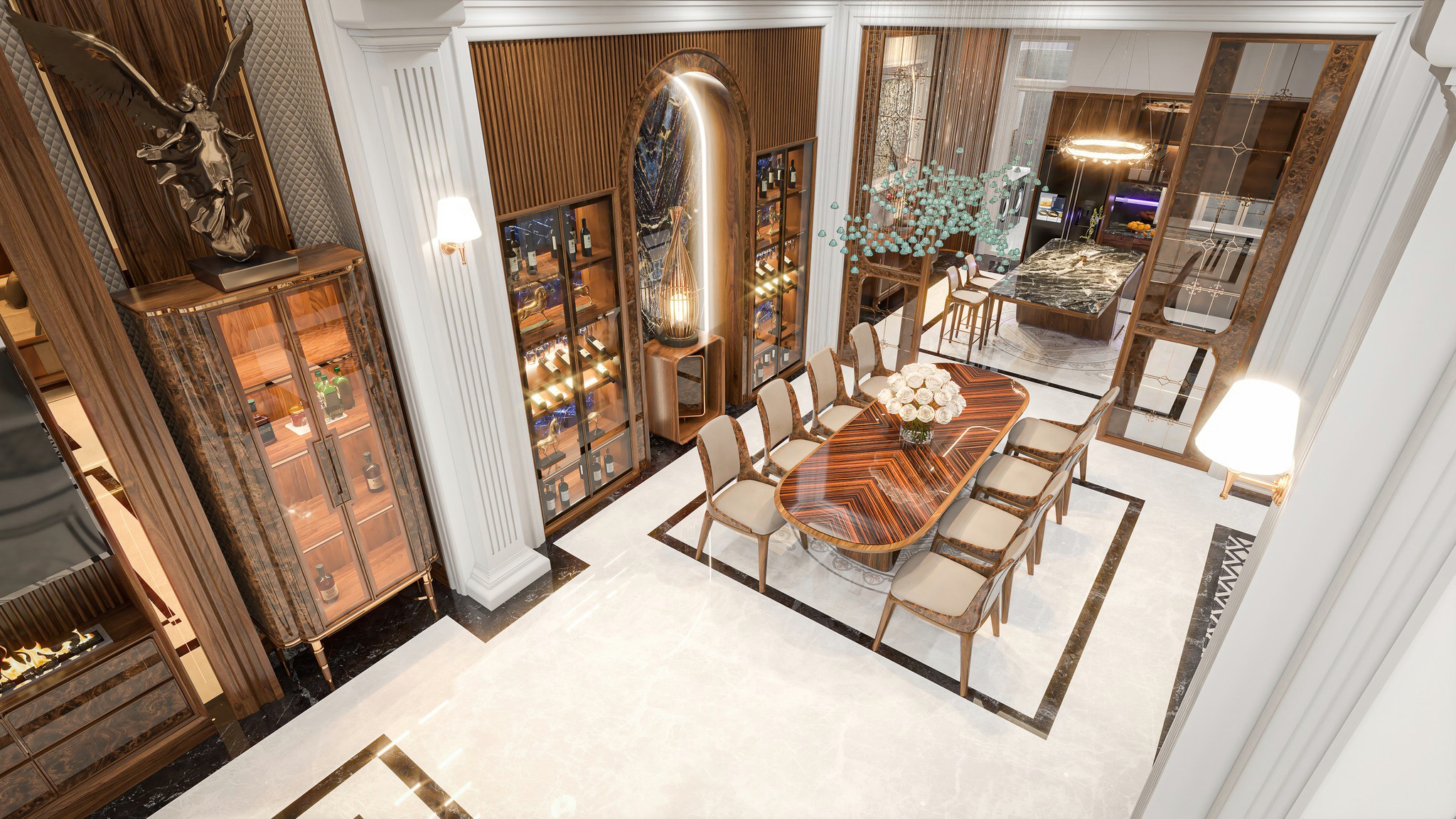 Mẫu nội thất phòng bếp gỗ óc chó bố trí hiện đại và tinh giản.