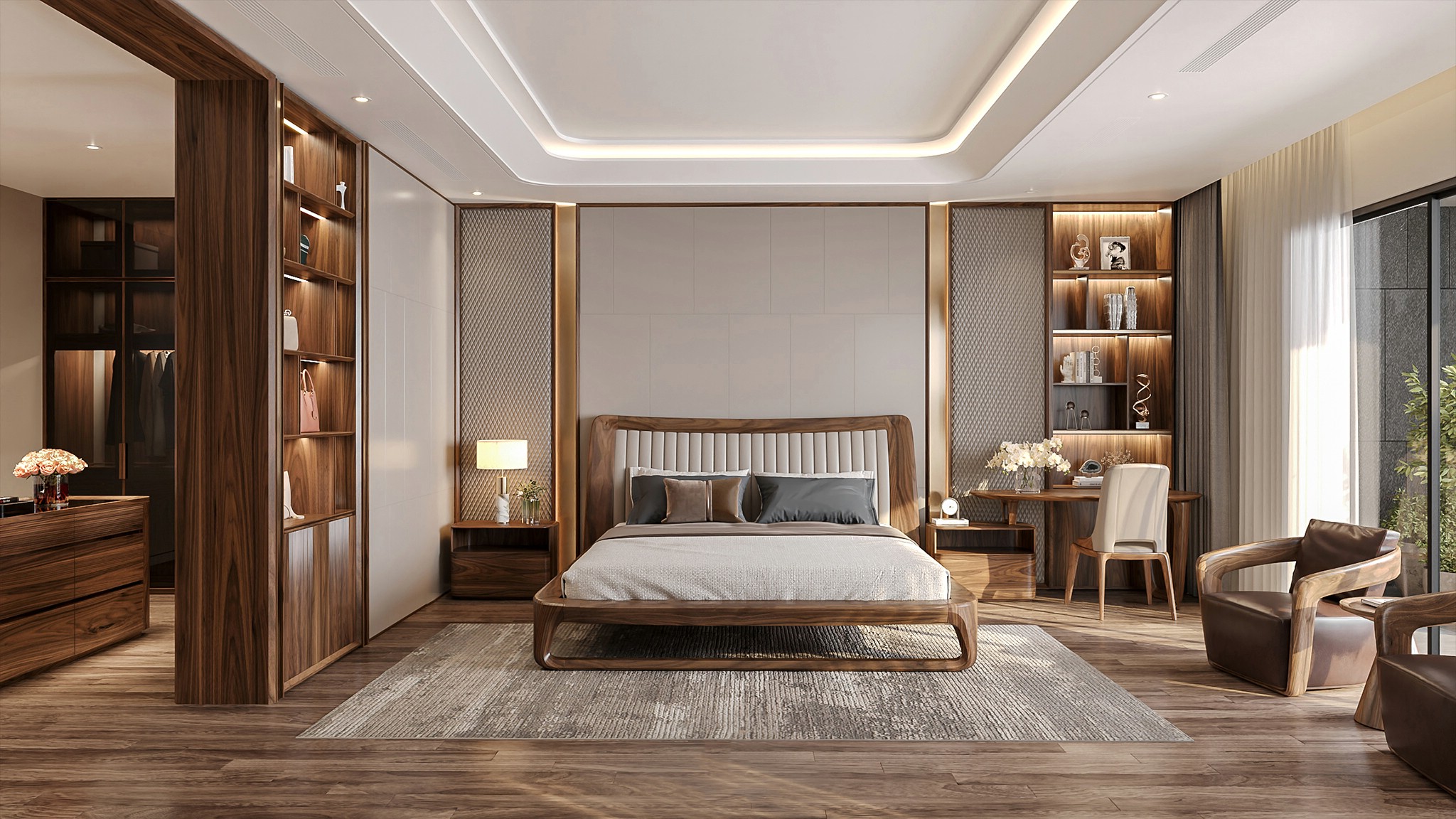 Mẫu nội thất phòng ngủ gỗ óc chó được thiết kế đồng bộ.