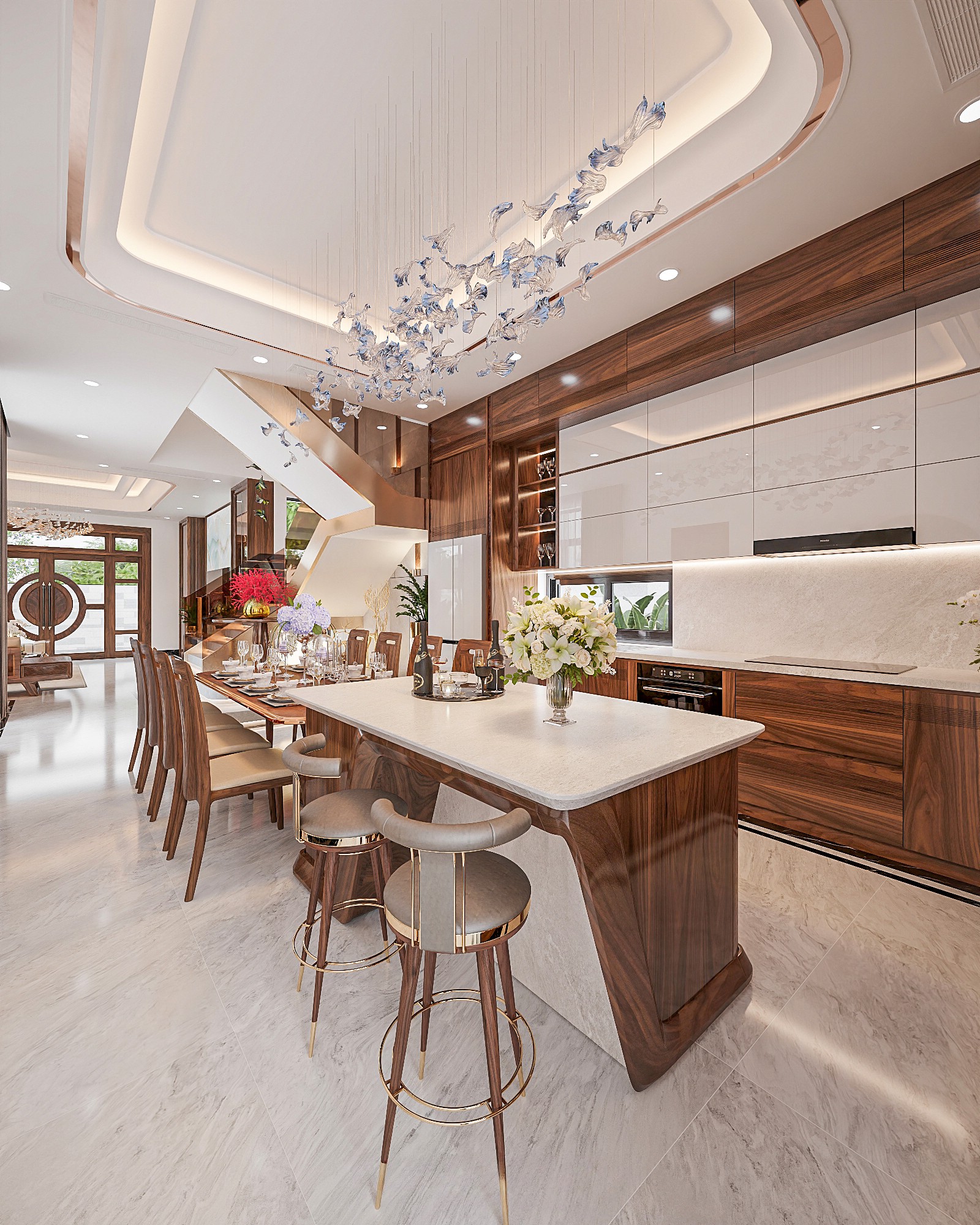 Mẫu phòng bếp có quầy bar gỗ óc chó thiết kế hiện đại, kết hợp tủ bếp đồng bộ và mặt bar rộng rãi tạo điểm nhấn sang trọng.