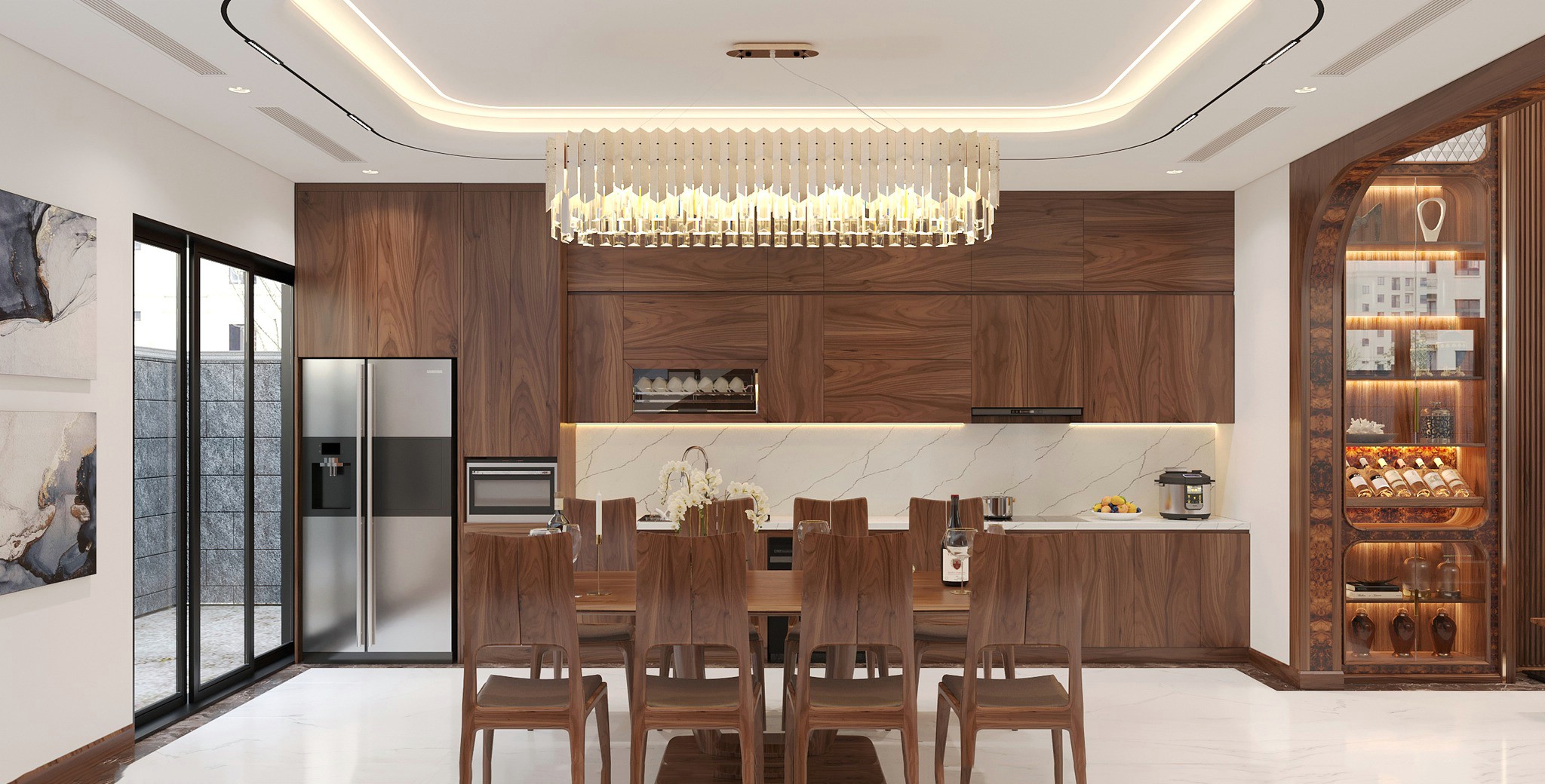 Mẫu phòng bếp gỗ óc chó đẹp đơn giản bố trí gọn gàng và tinh tế.