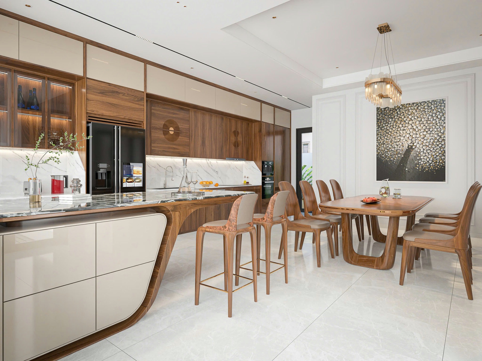 Mẫu phòng bếp gỗ óc chó đẹp hiện đại với bố cục khoa học, quầy bar trung tâm và hệ tủ lưu trữ thông minh.