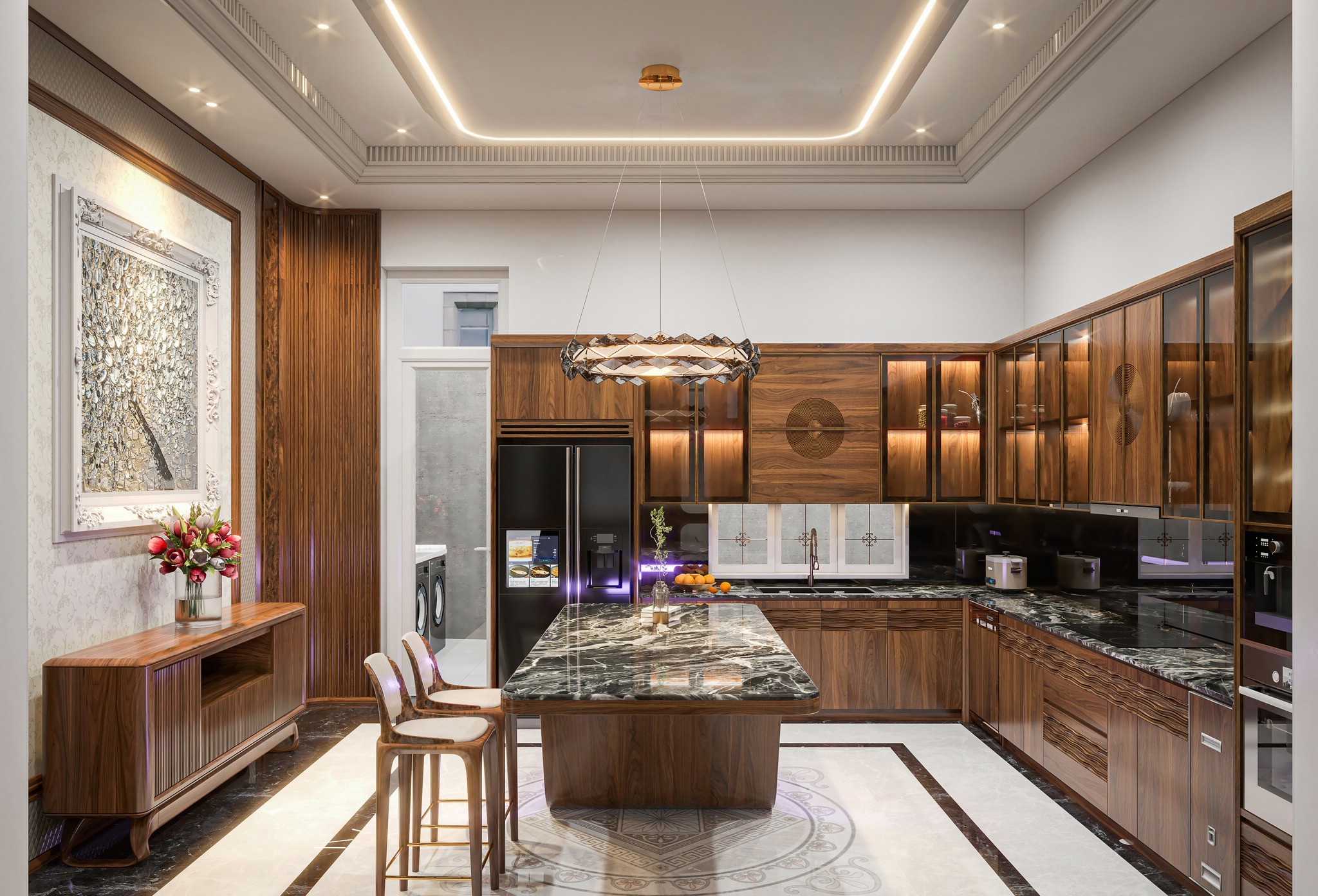 Mẫu phòng bếp gỗ óc chó đẹp với vân gỗ sắc nét, hệ tủ bếp liền mạch và bố cục cân đối.