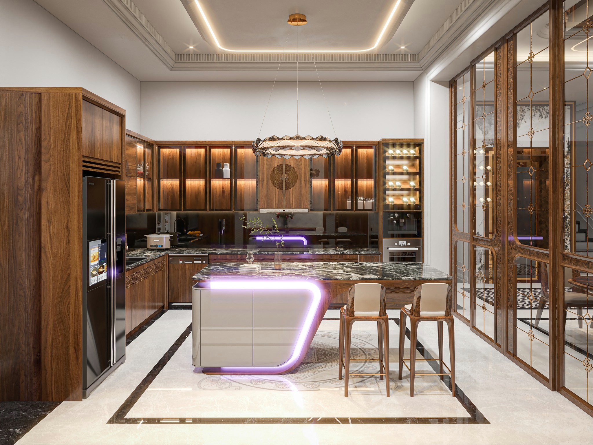 Mẫu phòng bếp gỗ óc chó hiện đại với ánh sáng tự nhiên và quầy bar tích hợp tiện lợi.