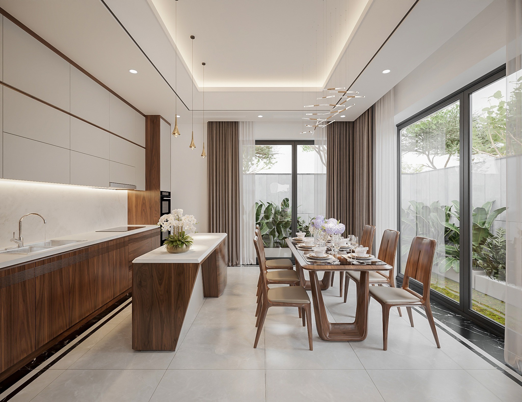 Mẫu phòng bếp gỗ óc chó với bố cục gọn gàng, hệ tủ đồng bộ và phong cách hiện đại.