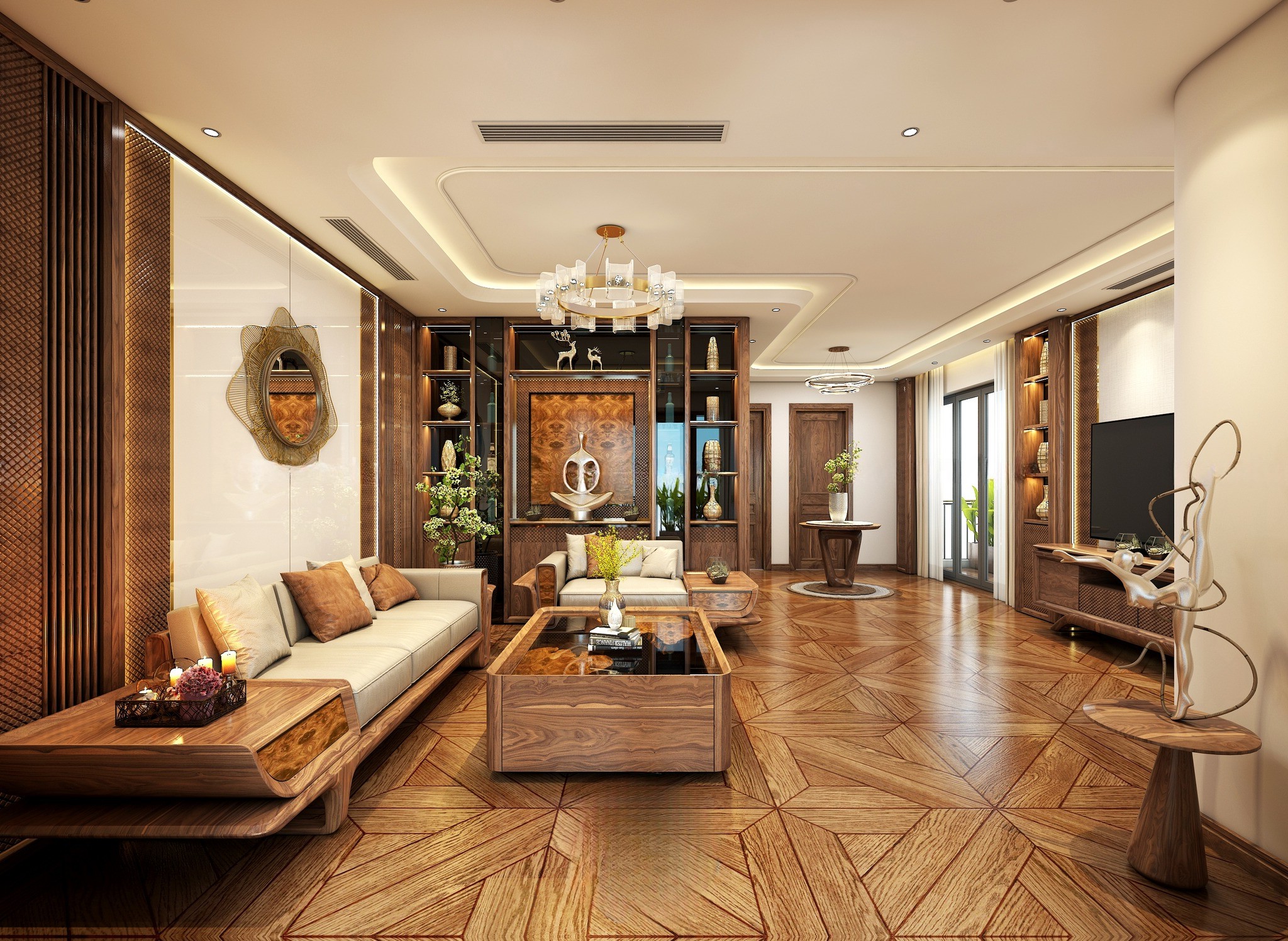 mẫu phòng khách chung cư gỗ óc chó đẹp hiện đại