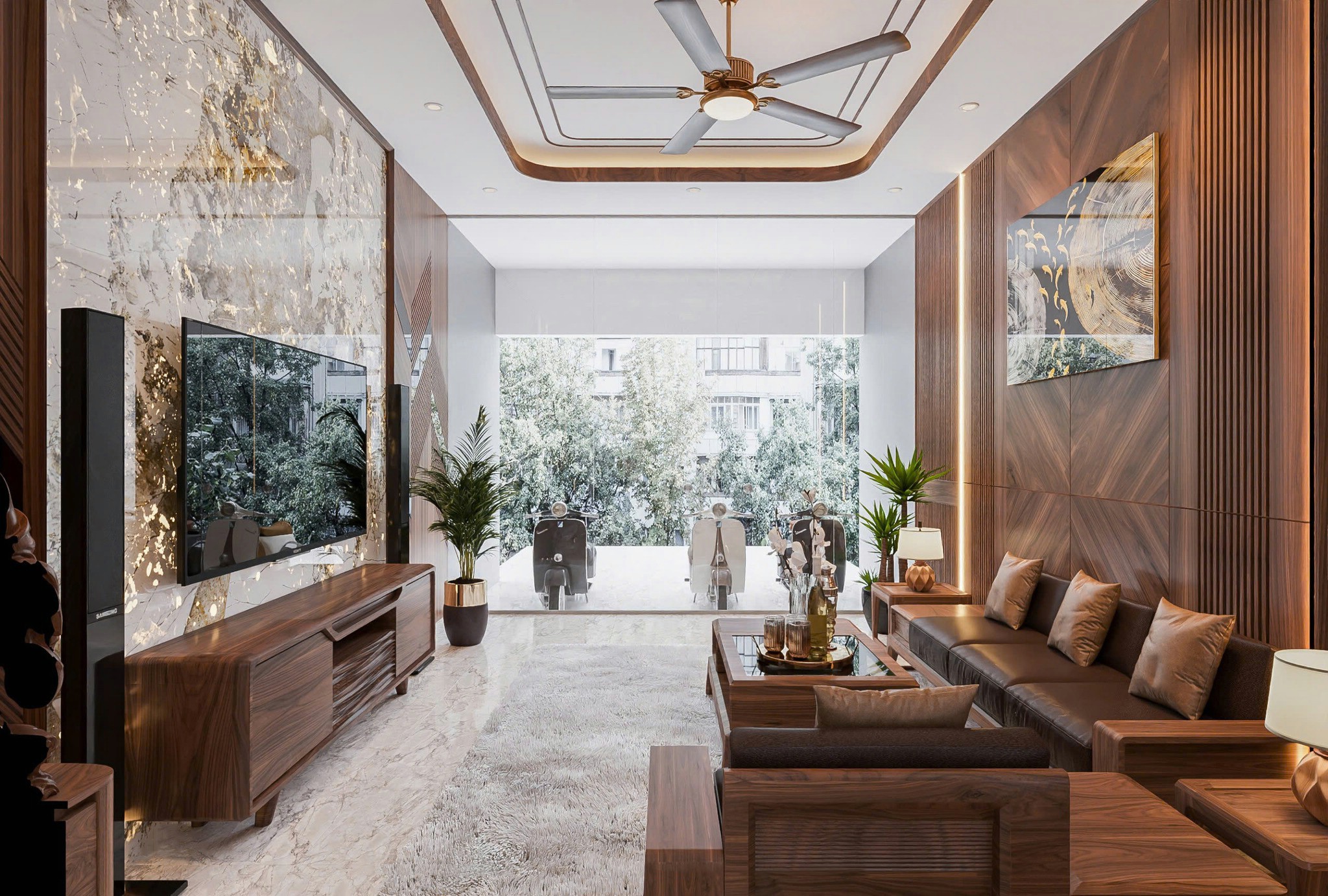 Mẫu phòng khách gỗ óc chó đẹp nhà ống.