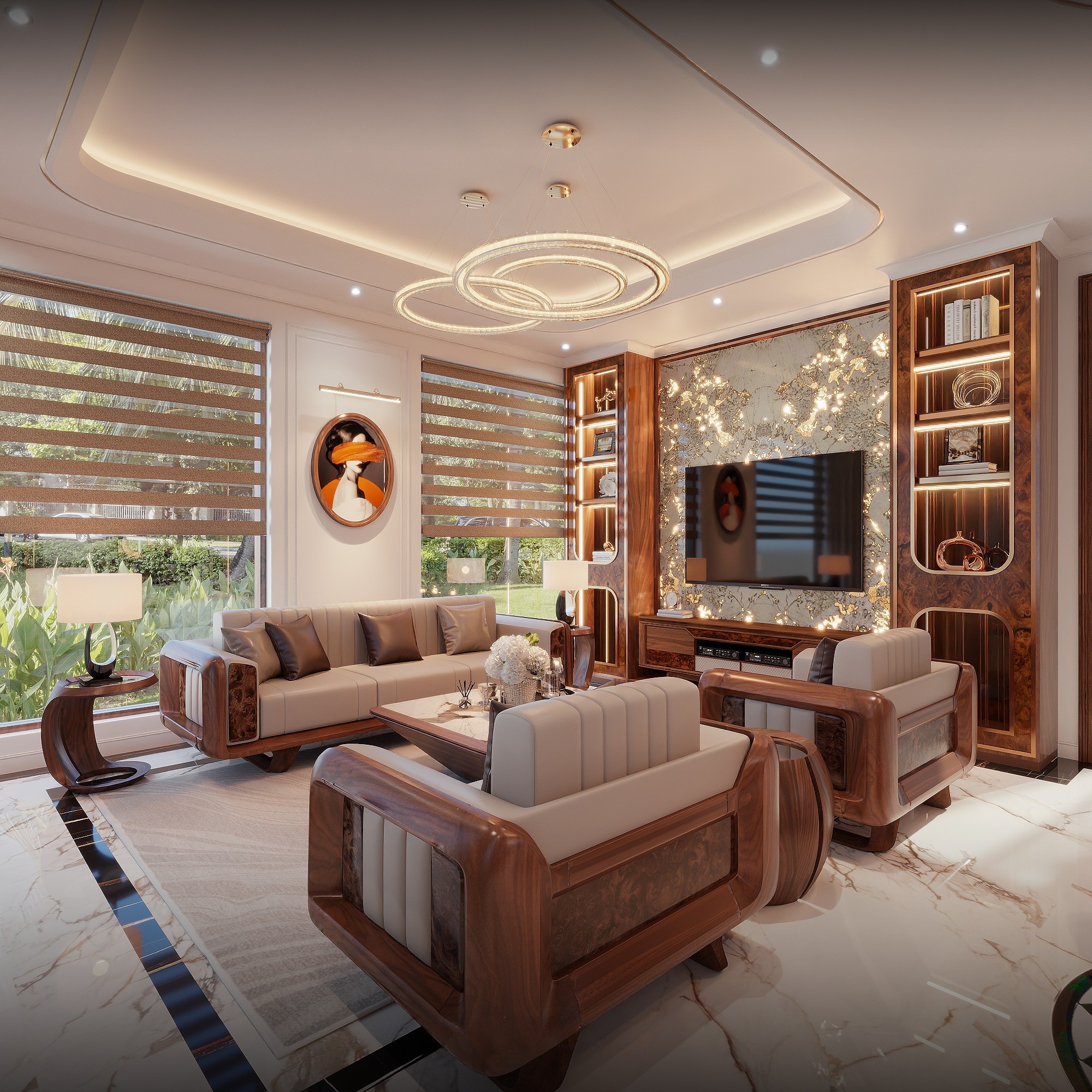 Mẫu phòng khách gỗ óc chó đẹp sang trọng với bộ bàn ghế cao cấp và vách trang trí tinh tế.