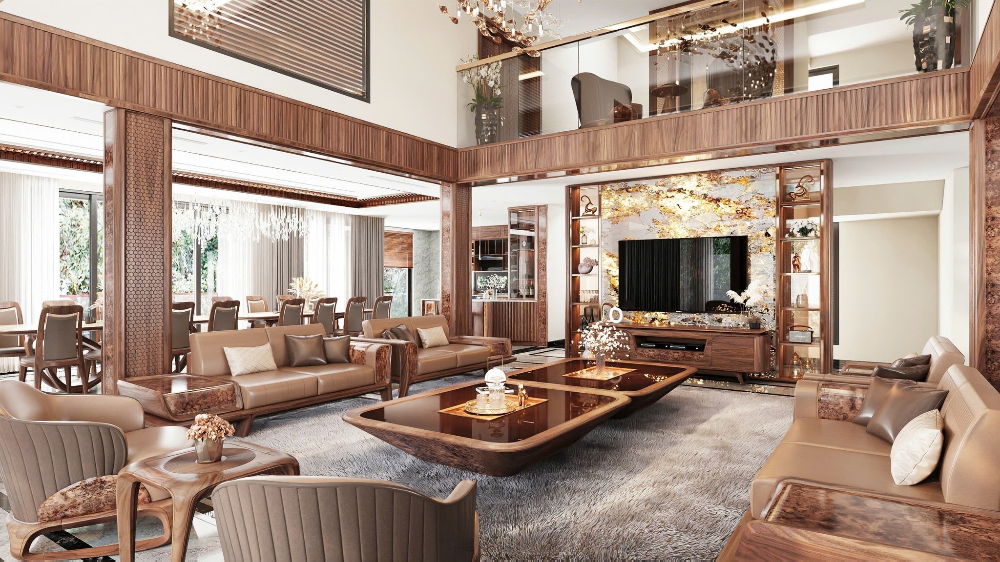 mẫu phòng khách gỗ óc chó đẹp thông tầng