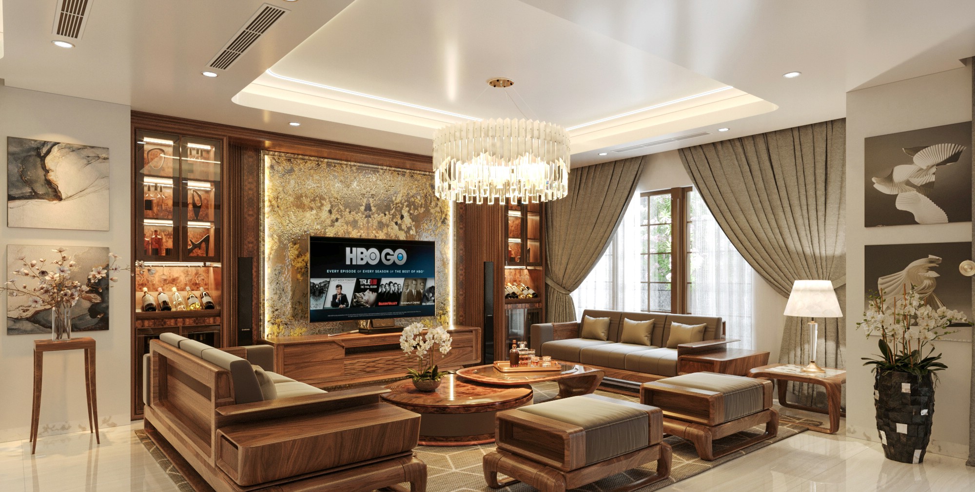 Mẫu phòng khách gỗ óc chó hiện đại chú trọng bố cục tinh giản và ánh sáng hài hòa.