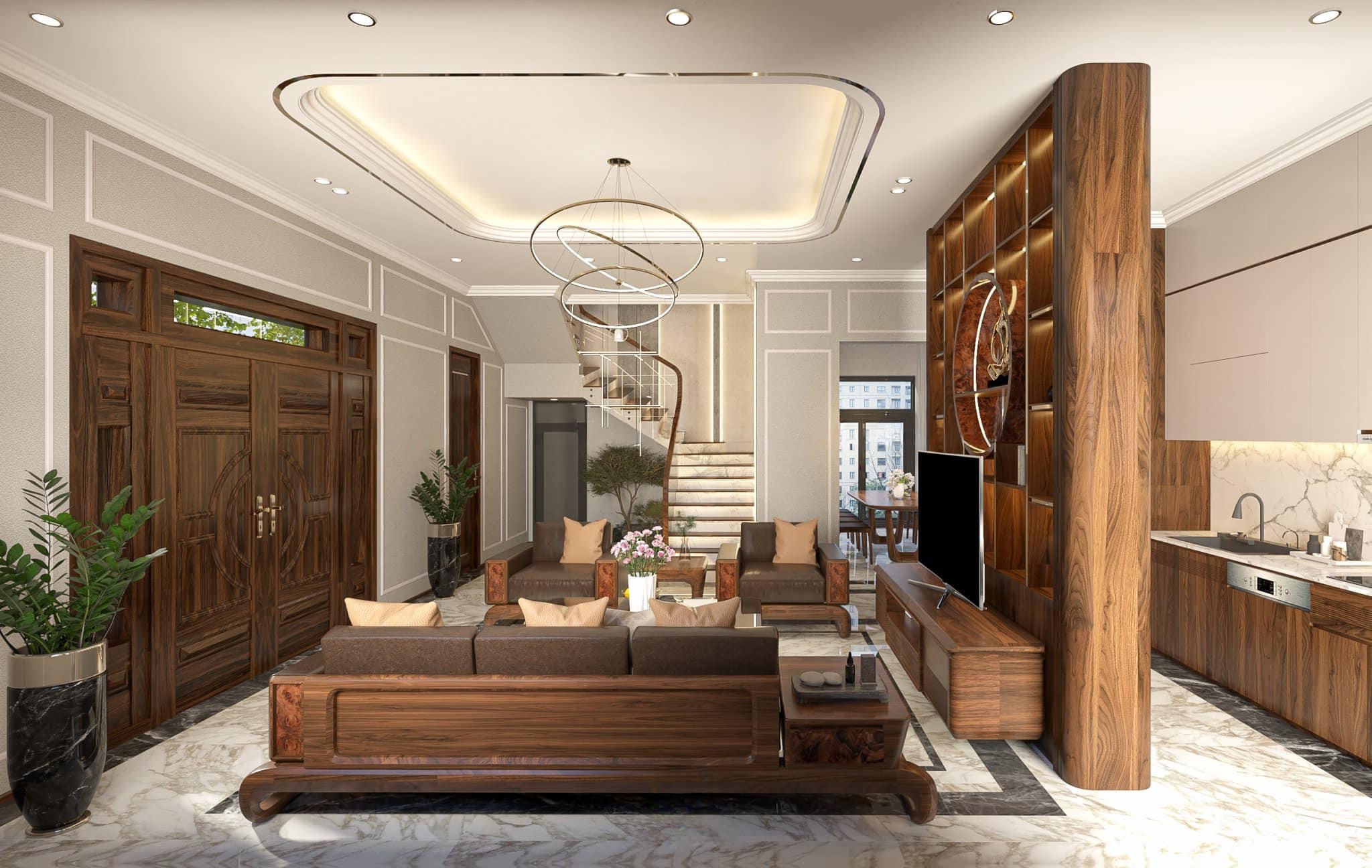 Mẫu phòng khách và bếp thông nhau gỗ óc chó.