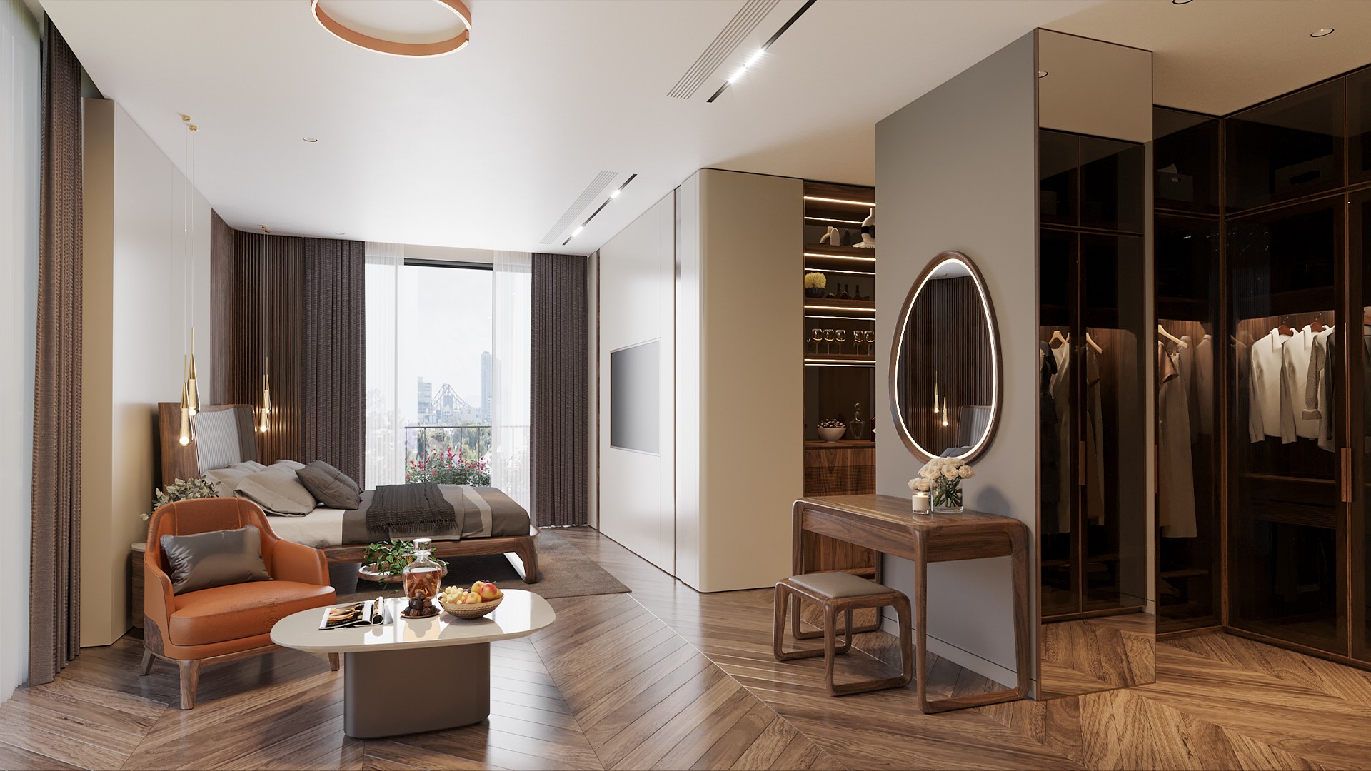 Mẫu phòng ngủ gỗ óc chó có phòng thay đồ tiện nghi.