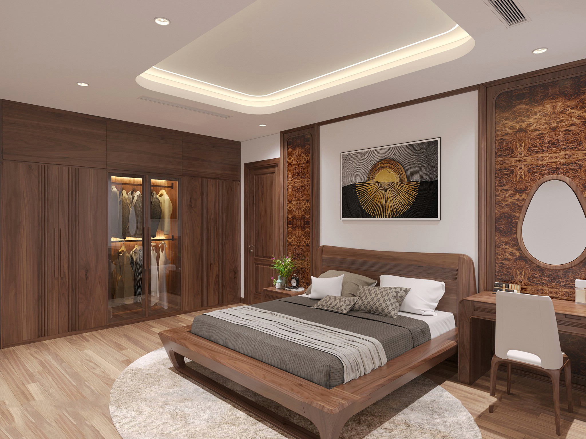 Mẫu phòng ngủ gỗ óc chó đẹp sang trọng.