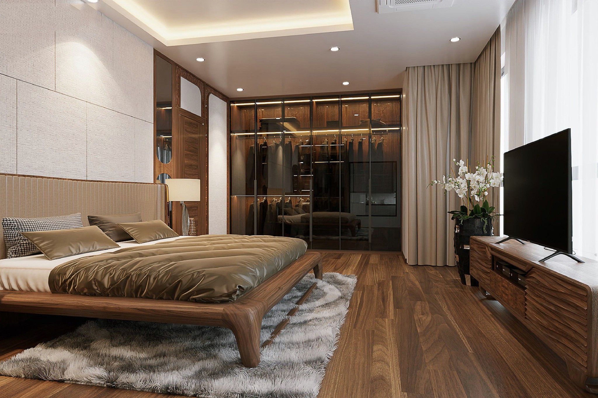 mẫu phòng ngủ gỗ óc chó 25m2 hiện đại cao cấp