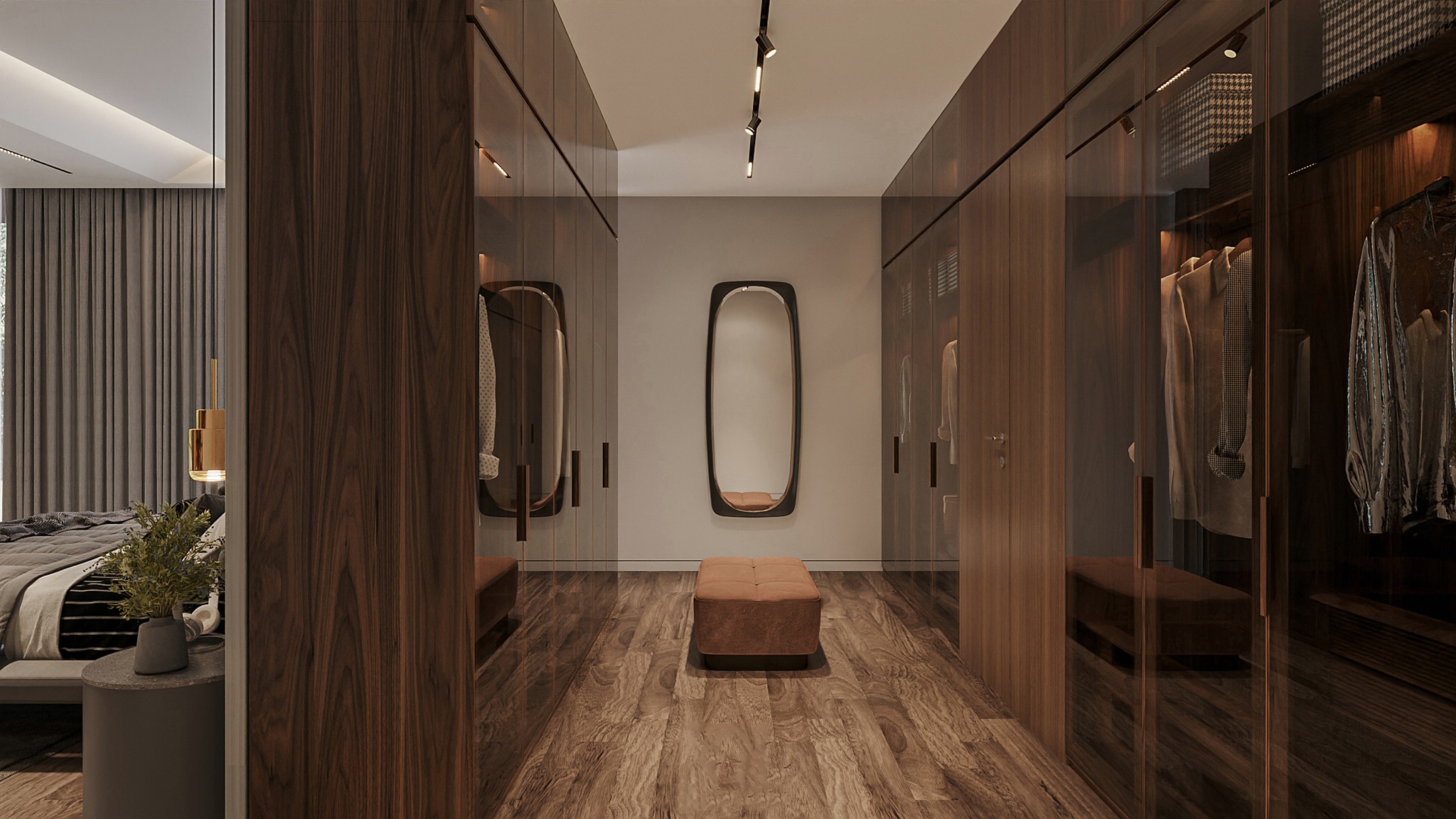 Mẫu phòng thay đồ gỗ óc chó hiện đại với hệ tủ cao cấp và bố cục sang trọng phù hợp biệt thự.