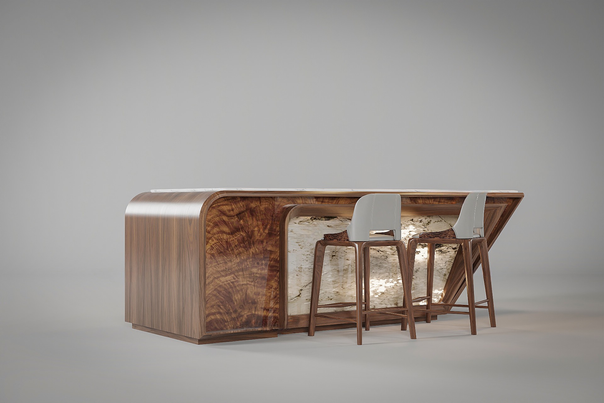 Mẫu quầy bar bếp gỗ óc chó đẹp được tích hợp hệ tủ lưu trữ và ghế bar cao đồng bộ.