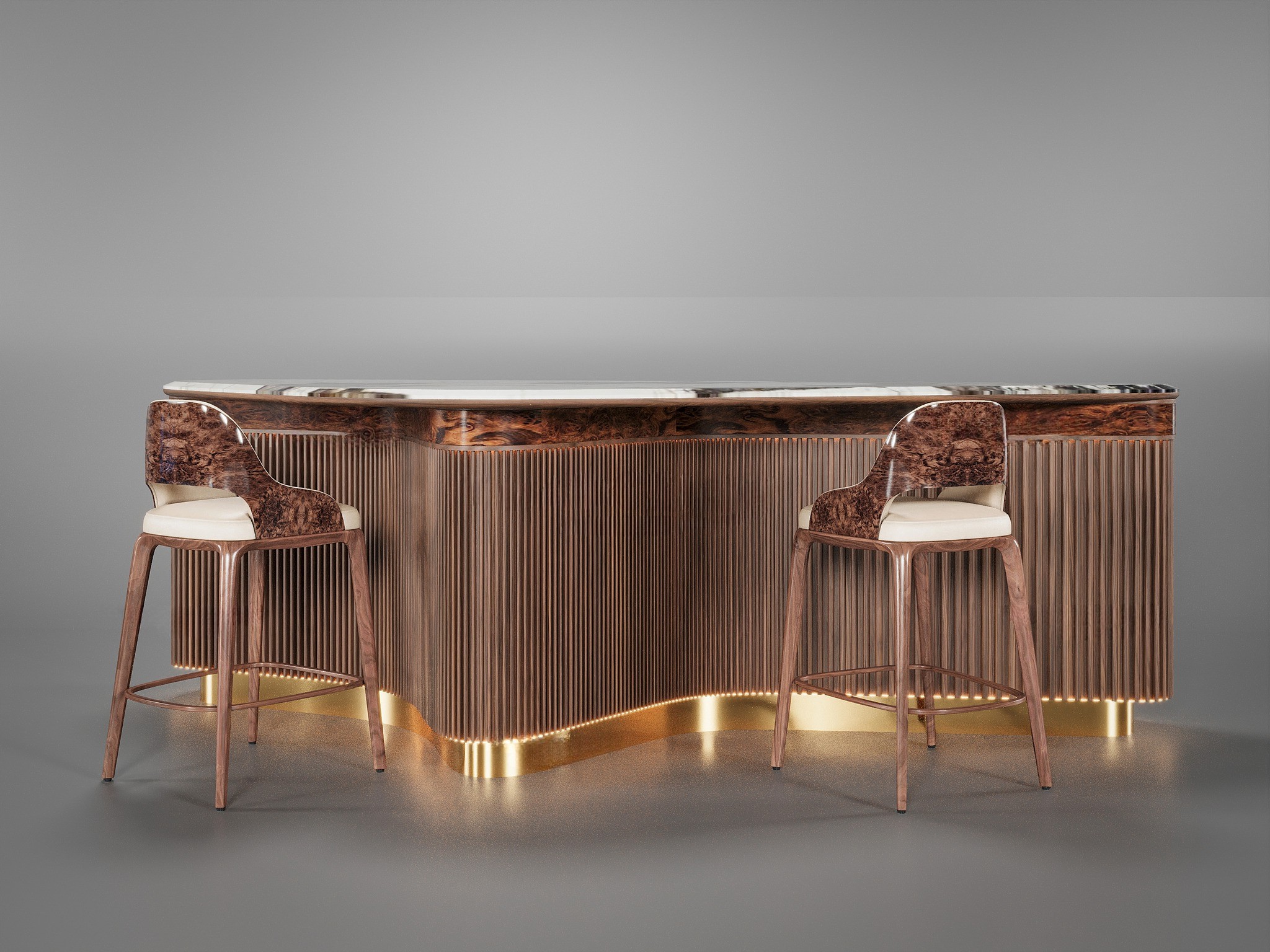 Mẫu quầy bar cafe gỗ óc chó đẹp với thiết kế hiện đại, mặt bàn rộng rãi, vân gỗ tự nhiên nổi bật và hệ kệ trang trí tinh tế phía sau.