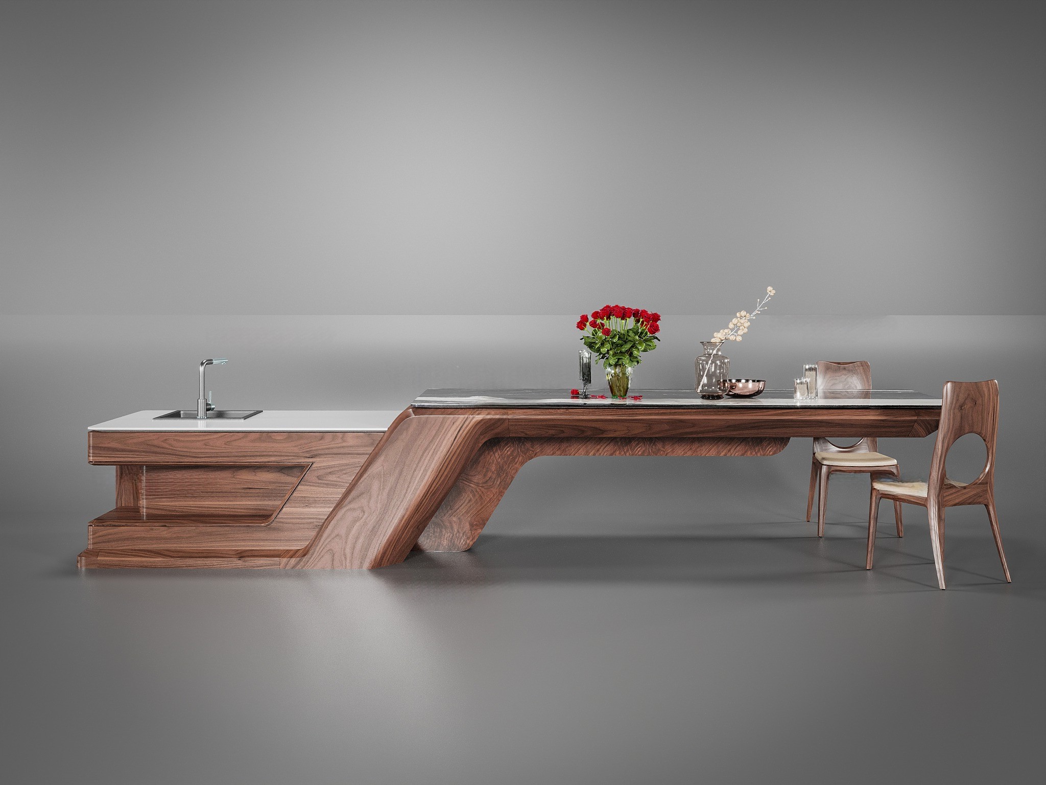 Mẫu quầy bar gỗ óc chó đẹp với đường nét thanh lịch, màu nâu trầm ấm áp và bố cục hài hòa trong không gian nội thất.