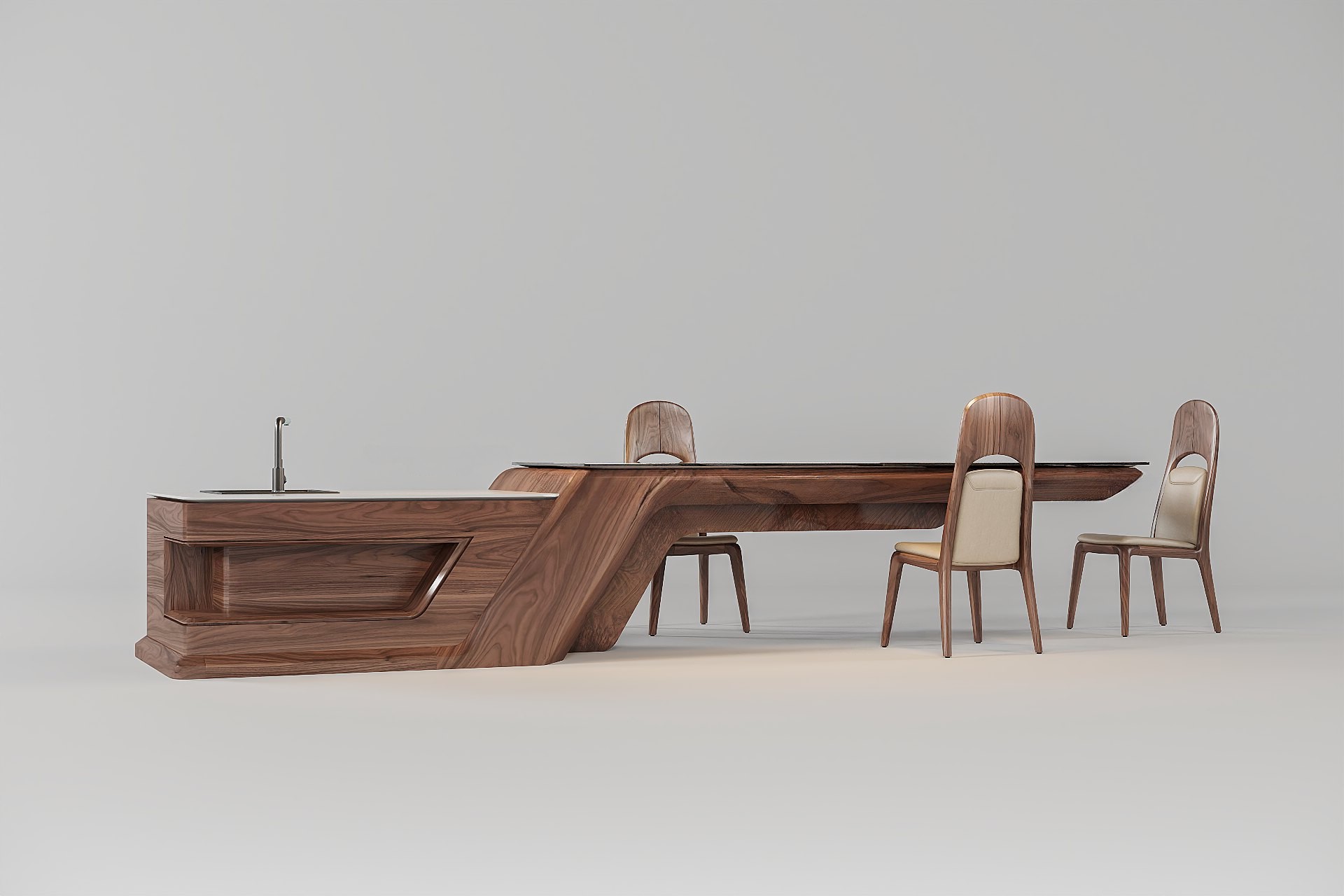 Mẫu quầy bar gỗ óc chó tự nhiên với bề mặt mịn màng, vân gỗ sắc nét và phong cách thiết kế tinh tế.