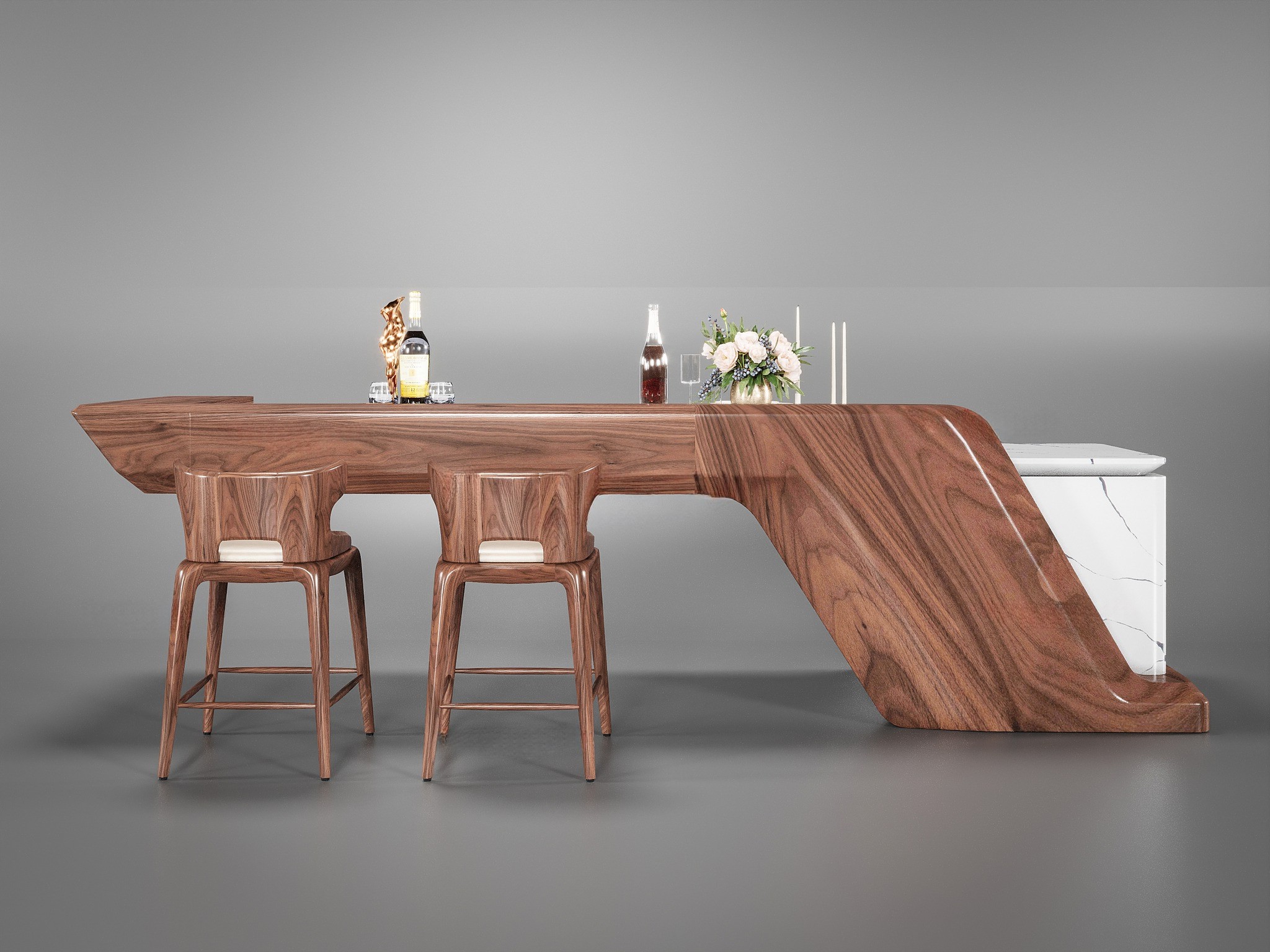 Mẫu quầy bar gỗ óc chó thiết kế đa dạng kiểu dáng từ chữ L đến quầy bar thẳng, phù hợp nhiều diện tích không gian.