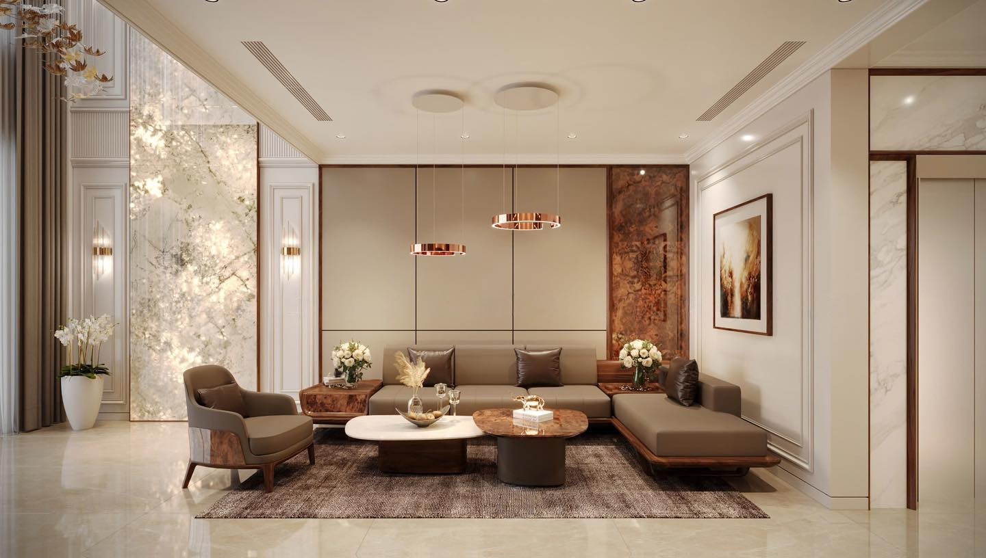 Mẫu sofa gỗ óc chó chữ L đẹp với thiết kế thanh lịch, màu nâu trầm tự nhiên và đường nét tinh giản.