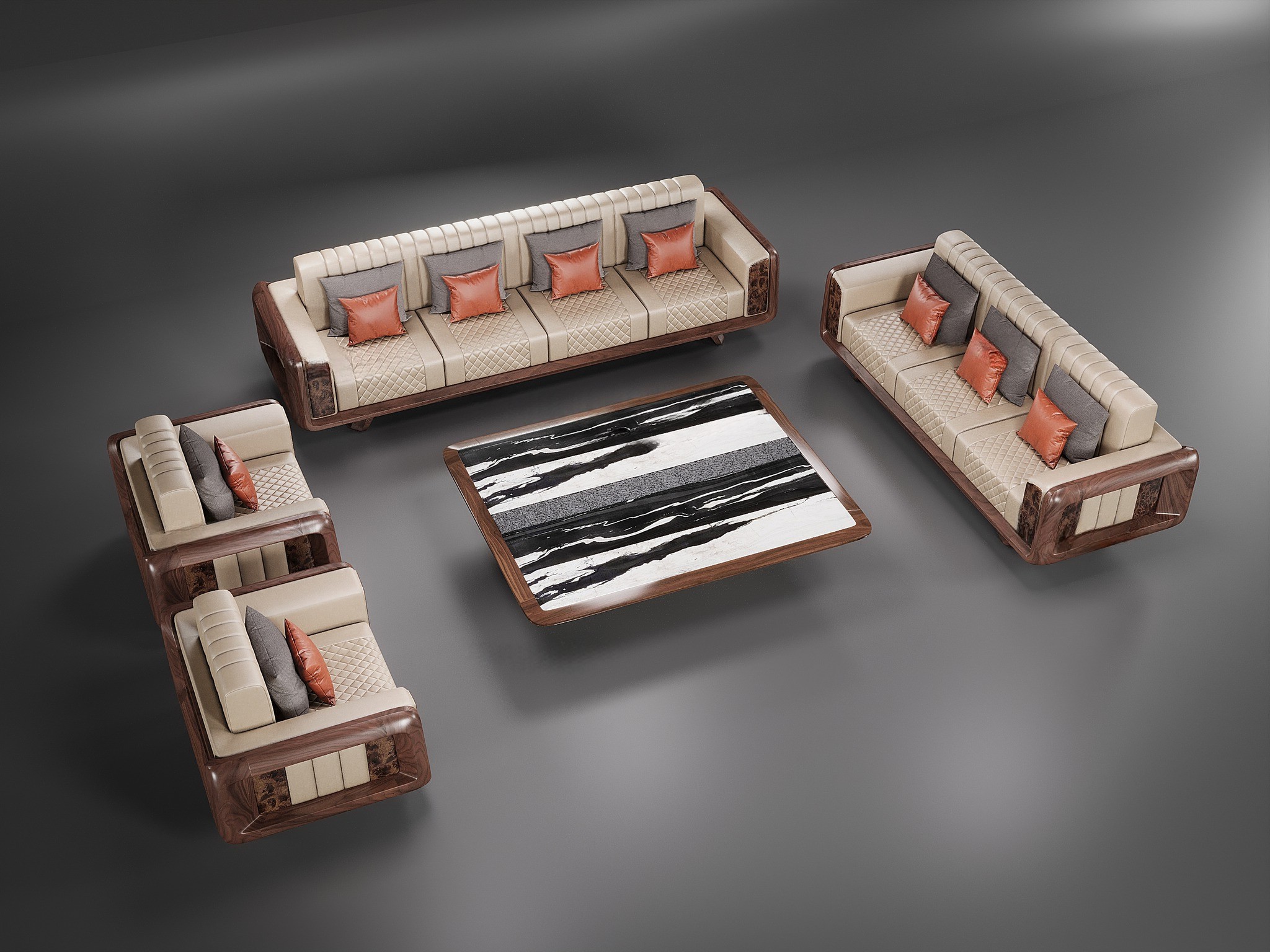 Mẫu sofa gỗ óc chó đẹp hiện đại với đường nét thanh thoát, màu nâu trầm ấm và bố cục hài hòa.