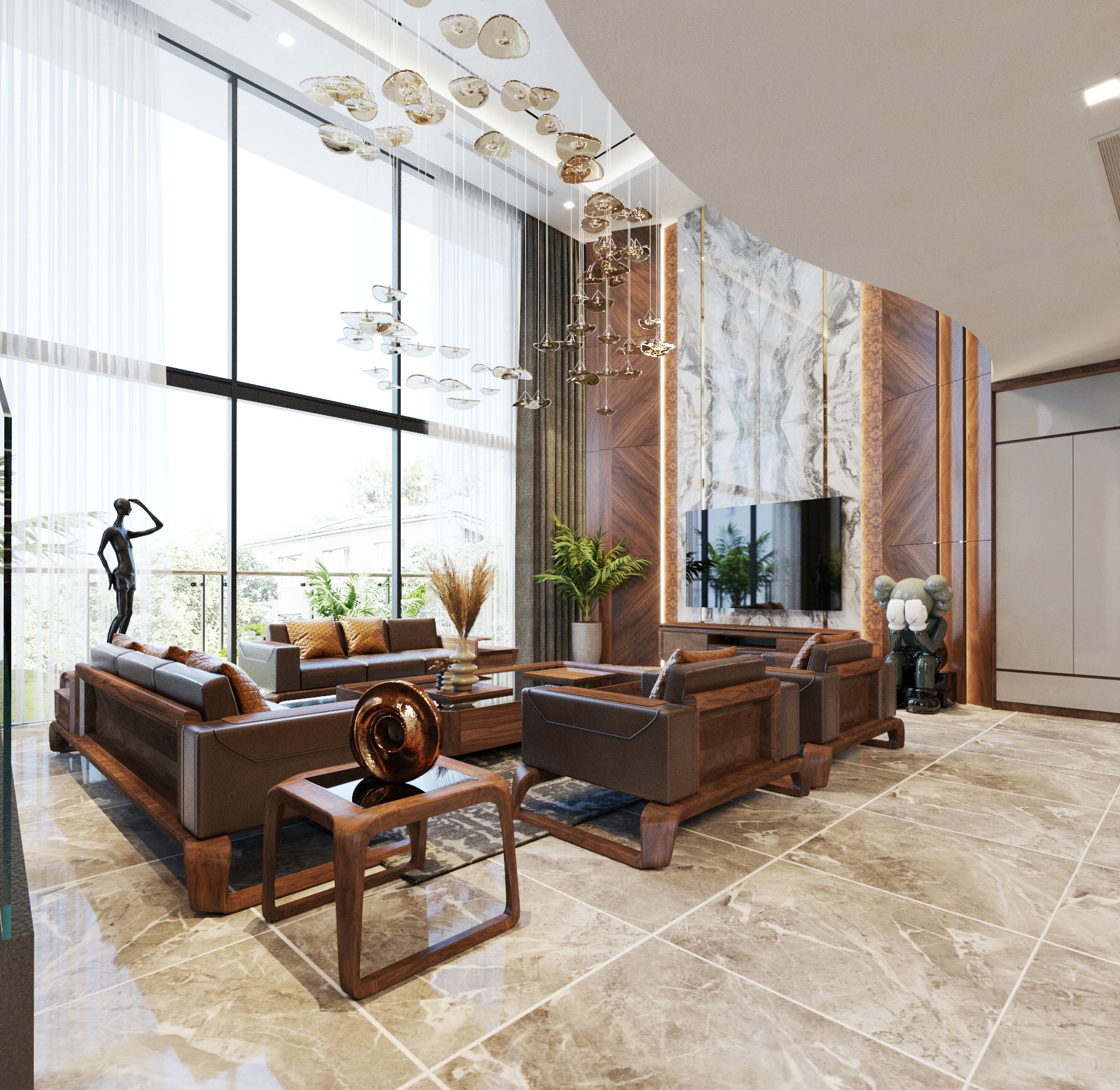 Mẫu sofa gỗ óc chó phòng khách với bố cục cân đối, kiểu dáng hài hòa và màu sắc tự nhiên sang trọng.