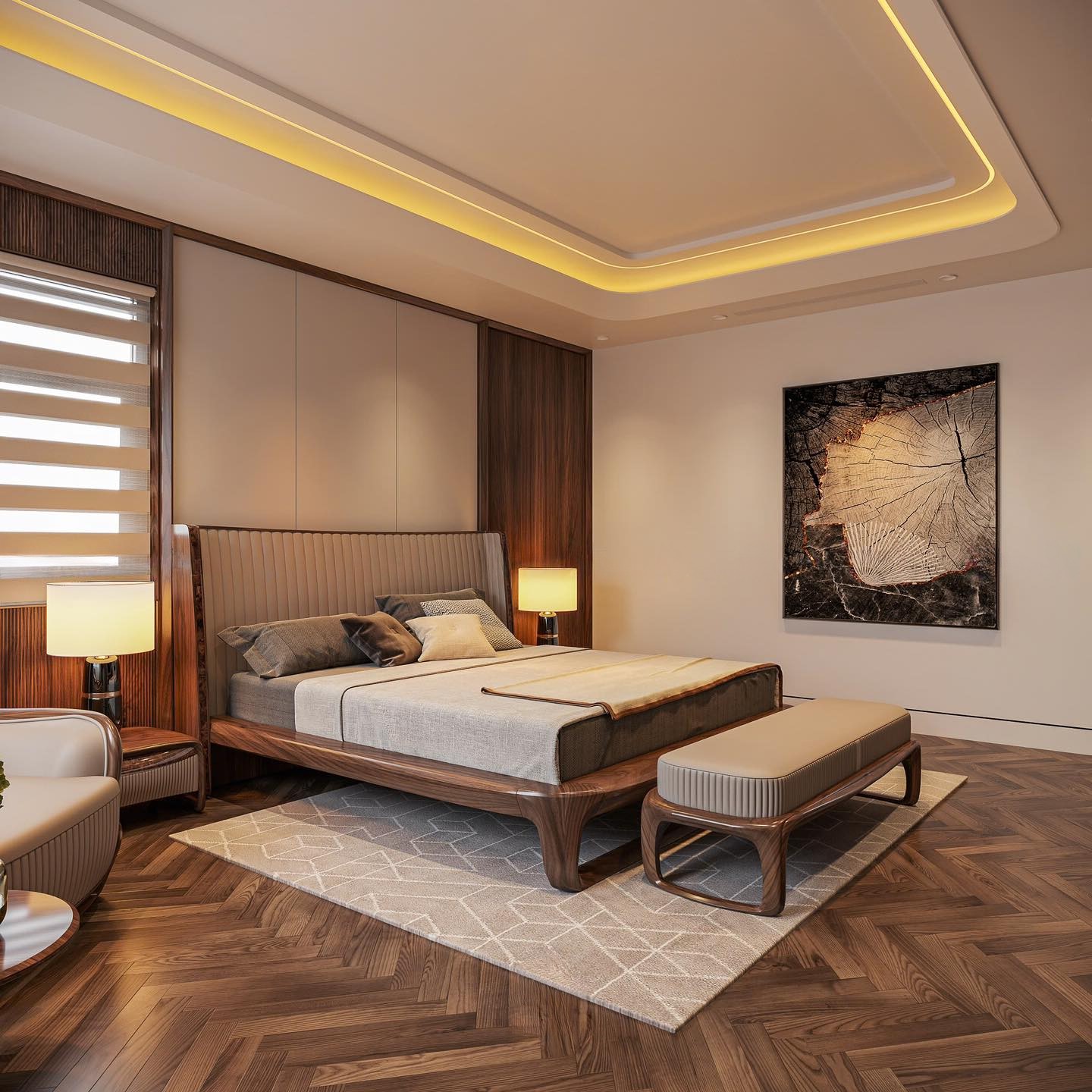 Mẫu thiết kế giường ngủ gỗ óc chó đẹp với đường nét tinh tế và kết cấu vững chắc.