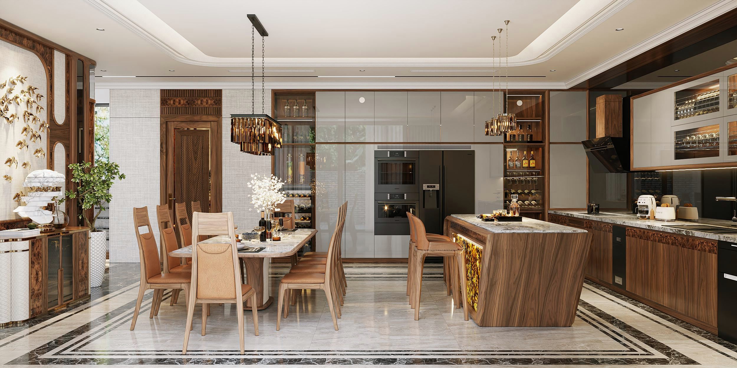 mẫu thiết kế nội thất phòng bếp gỗ óc chó đẹp