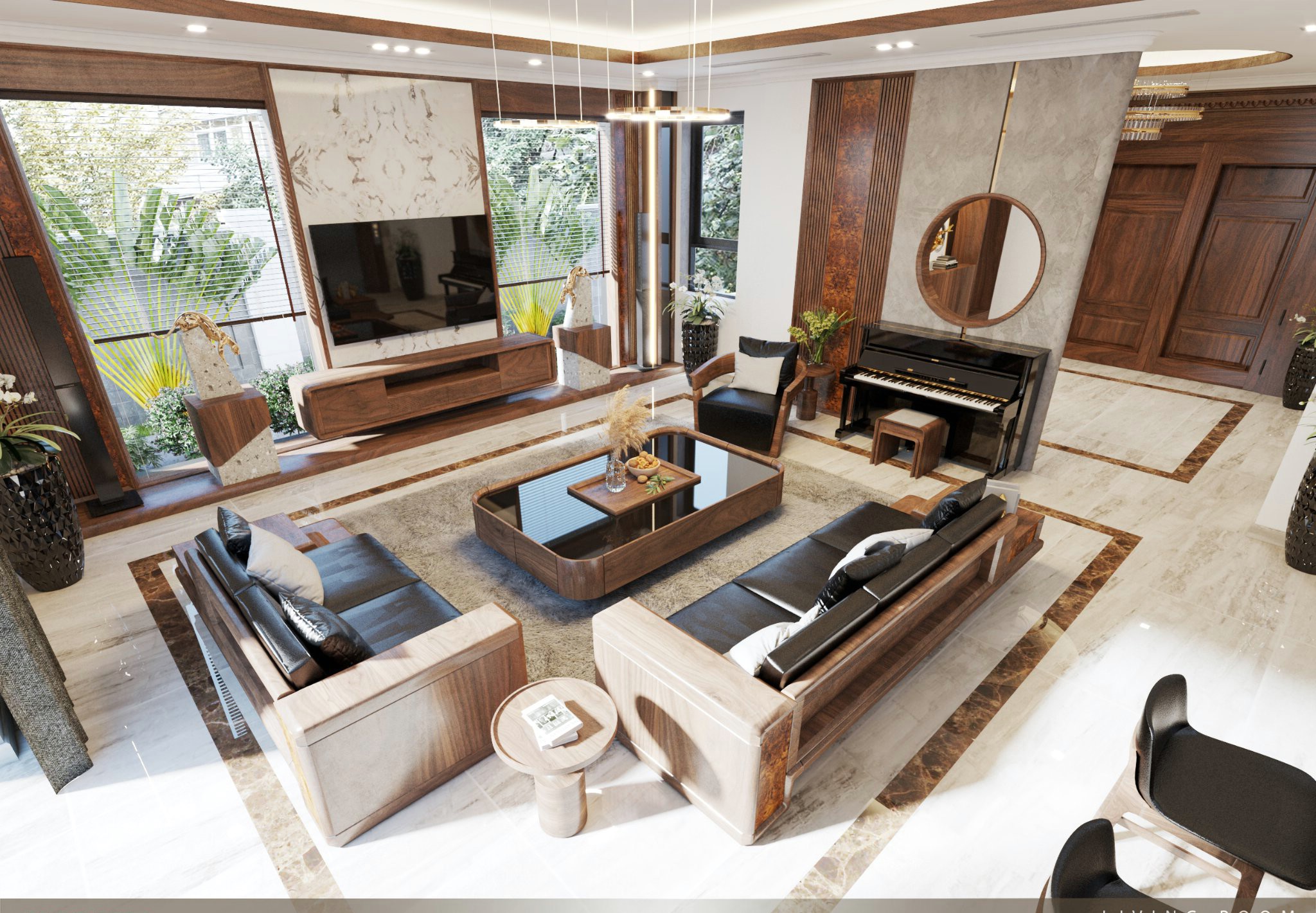 mẫu thiết kế nội thất phòng khách gỗ óc chó đẹp