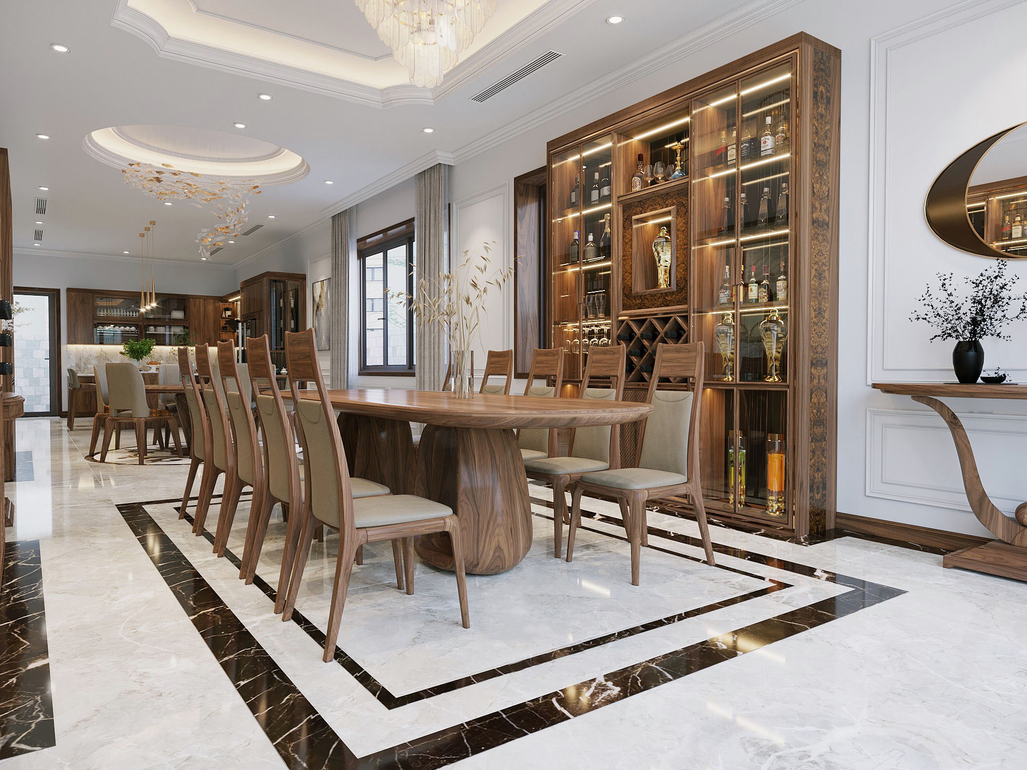 Mẫu thiết kế phòng bếp gỗ óc chó đẹp hiện đại với phong cách sang trọng.