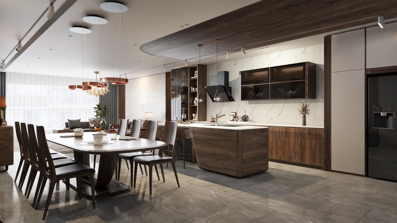 Mẫu thiết kế phòng bếp gỗ óc chó đẹp bố trí khoa học và tinh tế.