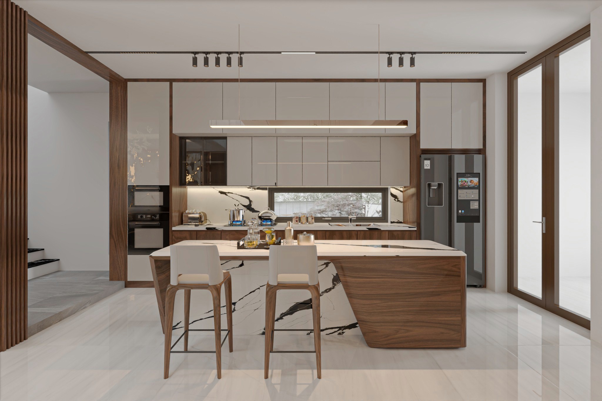 Mẫu thiết kế phòng bếp gỗ óc chó bố trí hợp lý và tiện dụng.