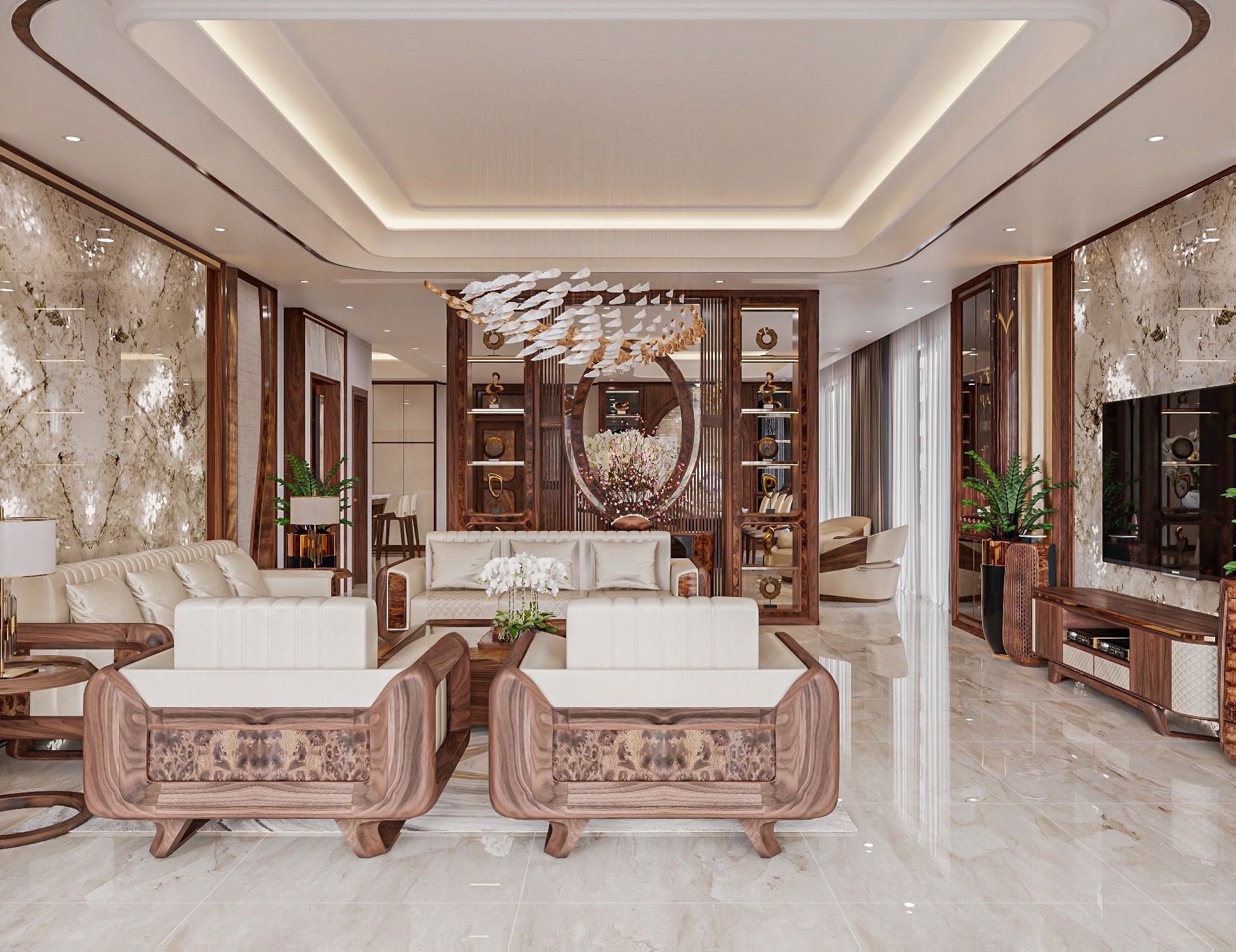 Mẫu thiết kế phòng khách gỗ óc chó đẹp hiện đại.