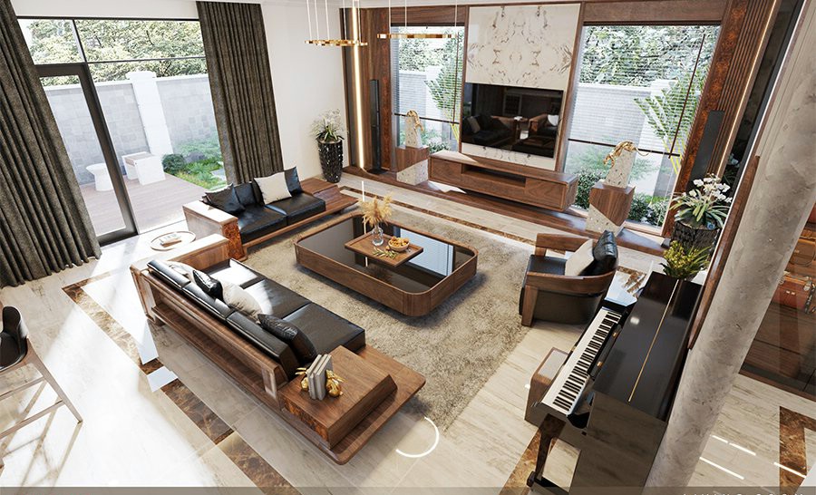 Mẫu thiết kế phòng khách gỗ óc chó đẹp.