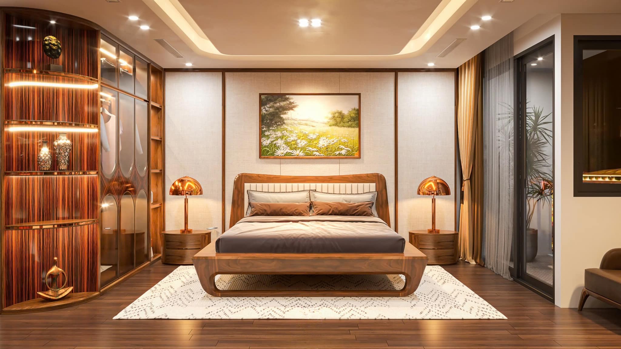 Mẫu thiết kế phòng ngủ gỗ óc chó đẹp hiện đại với đường nét tinh giản.