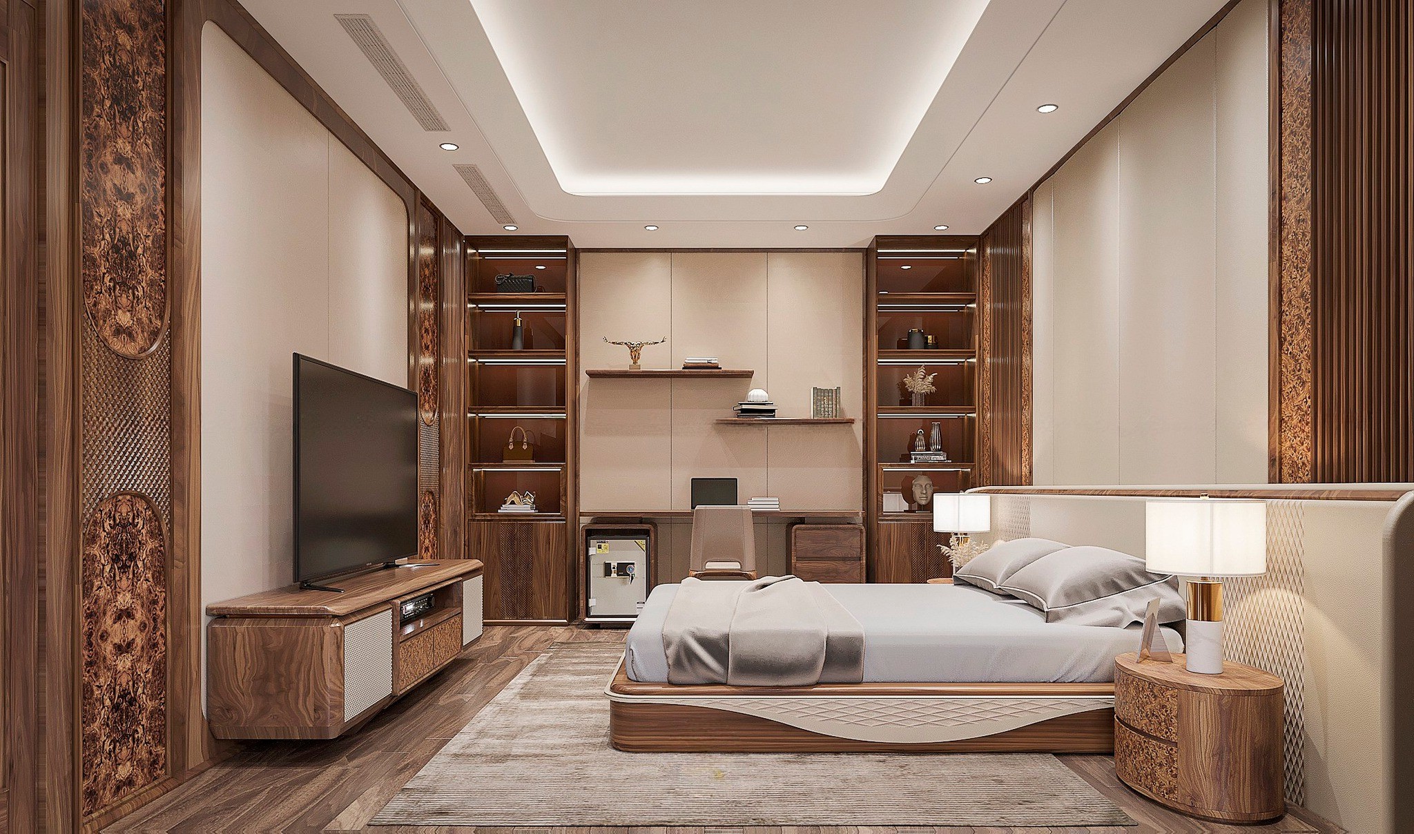 Mẫu thiết kế phòng ngủ gỗ óc chó đơn giản đẹp tập trung vào sự gọn gàng.