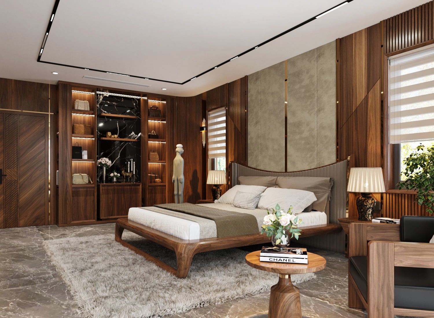 Mẫu thiết kế phòng ngủ gỗ óc chó hiện đại với bố cục rõ ràng.