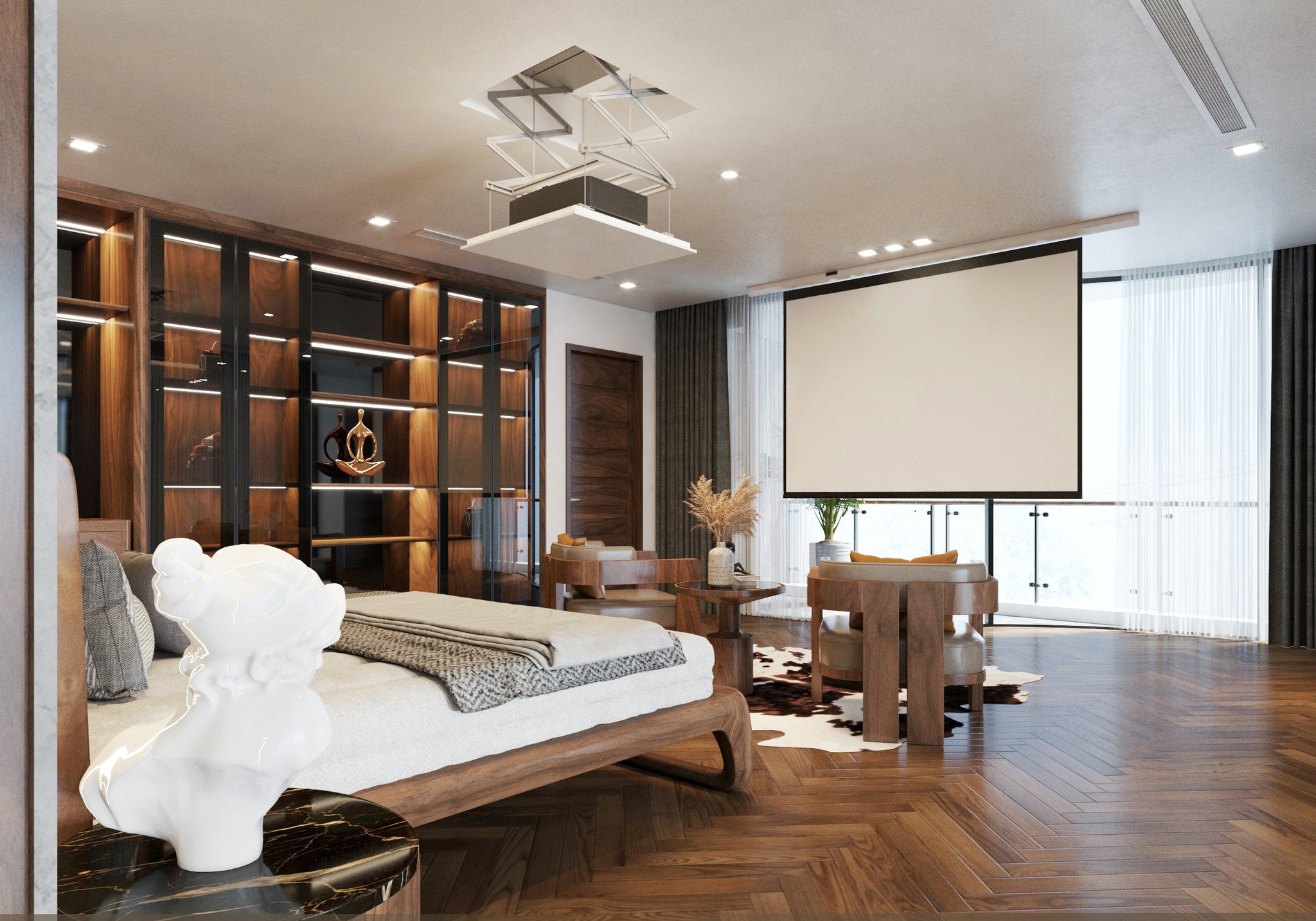 Mẫu thiết kế phòng ngủ gỗ óc chó với bố cục cân đối và màu sắc hài hòa.