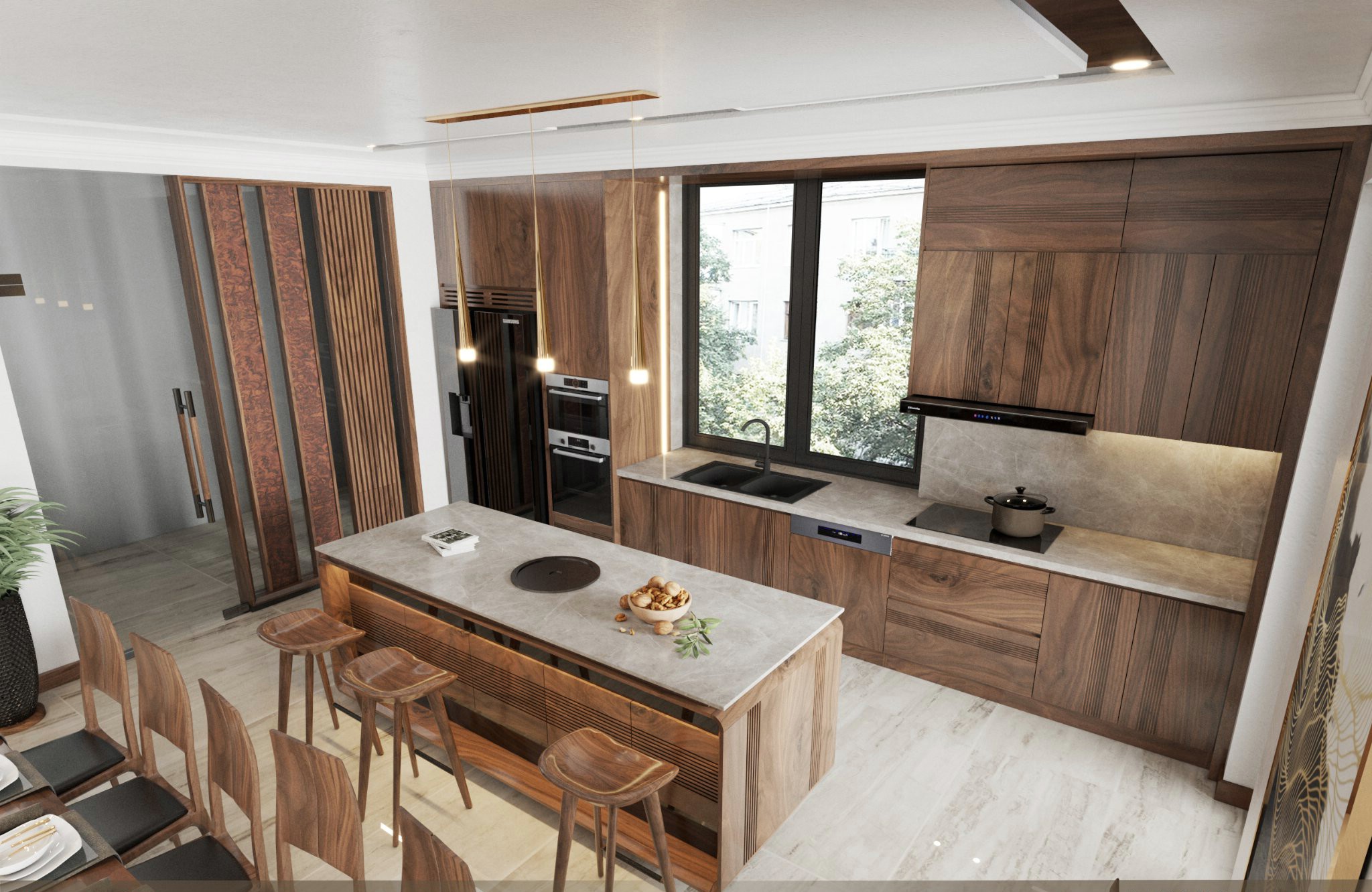 Mẫu thiết kế tủ bếp gỗ óc chó đẹp hiện đại với đường nét tinh giản.
