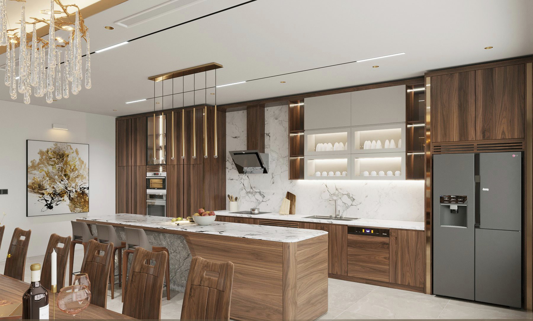 Mẫu thiết kế tủ bếp gỗ óc chó đẹp với bố cục cân đối.