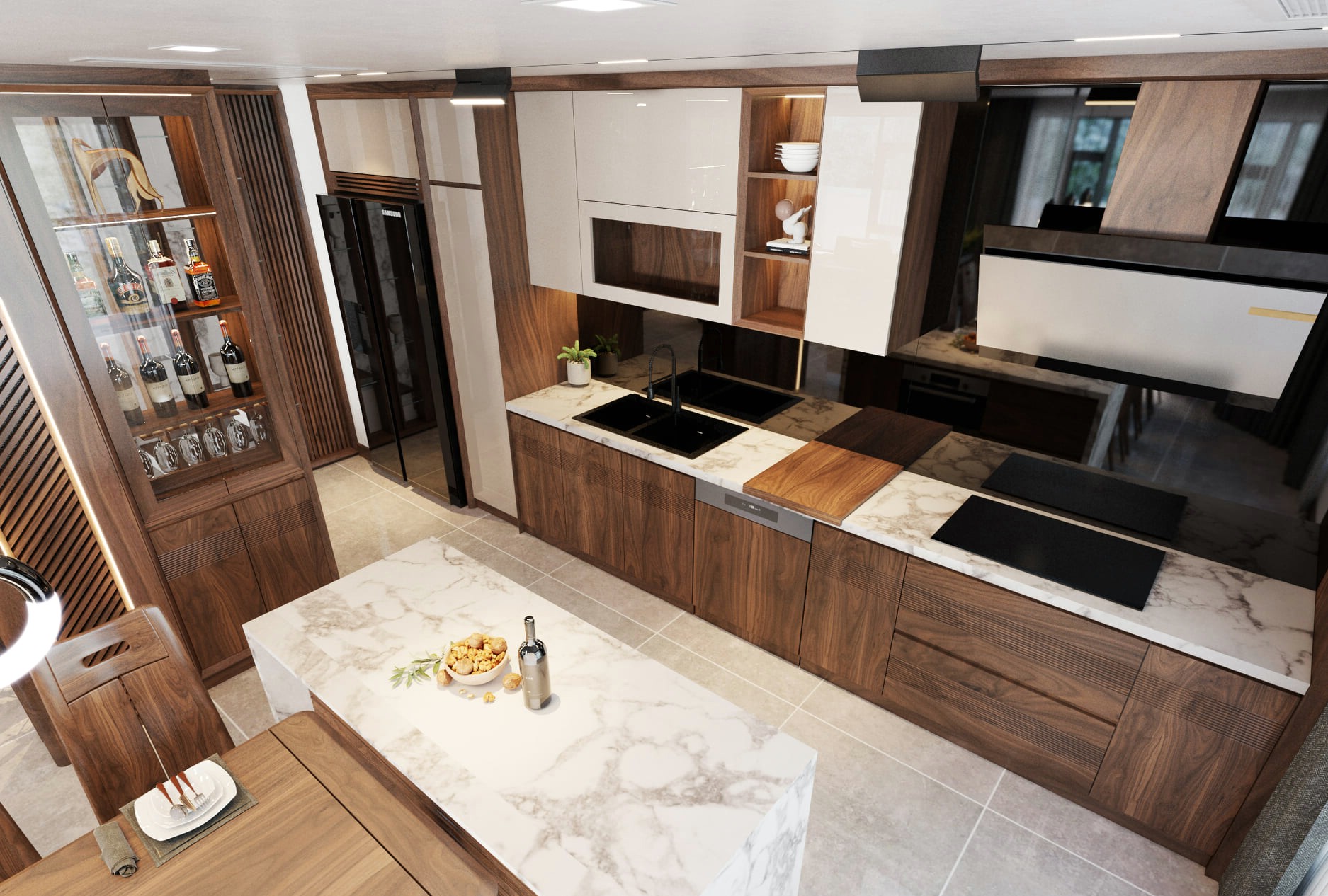 Mẫu thiết kế tủ bếp gỗ óc chó tinh tế và bền đẹp.