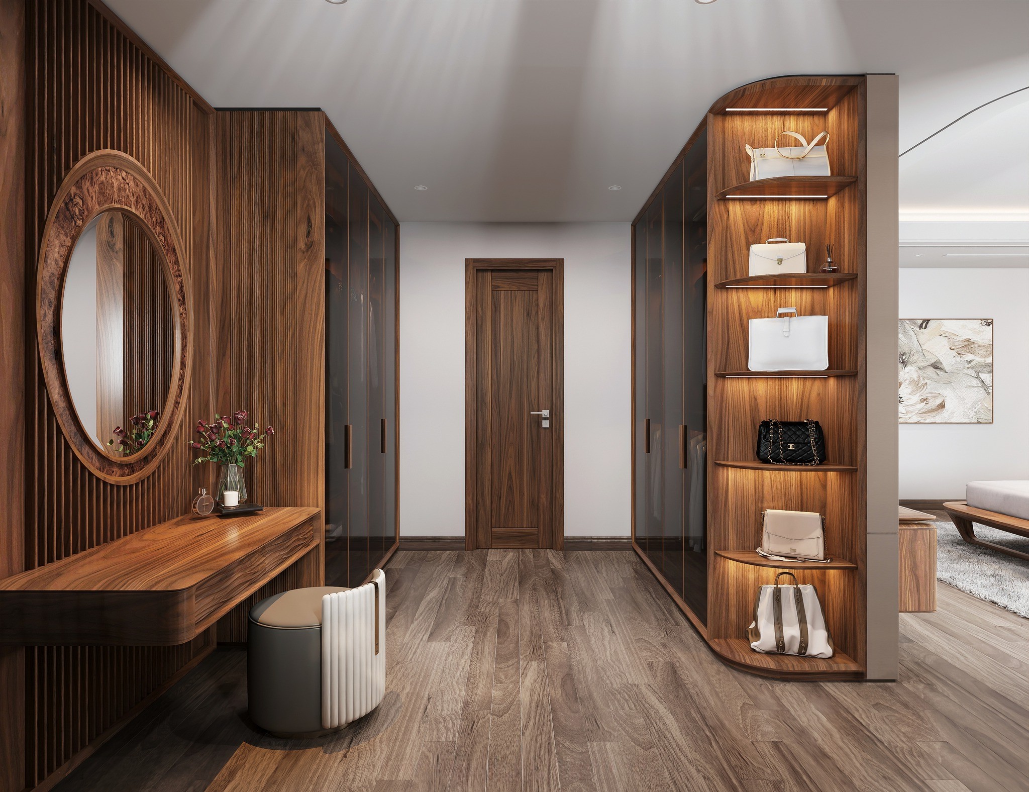 Mẫu thiết kế tủ quần áo âm tường gỗ óc chó giúp tối ưu diện tích và tạo sự liền mạch cho không gian phòng ngủ.