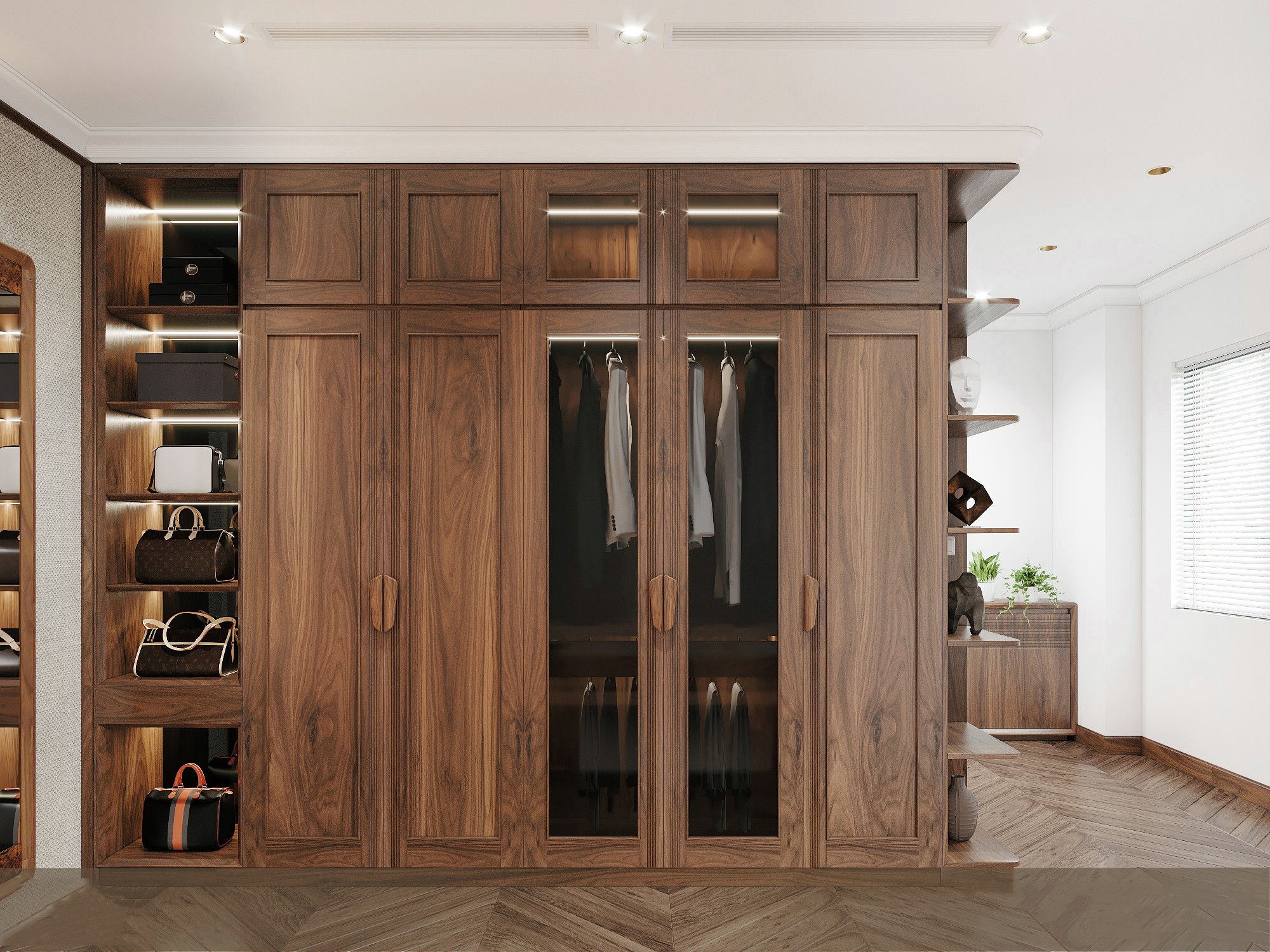 Mẫu thiết kế tủ quần áo gỗ óc chó đẹp với đường nét tinh tế, vân gỗ tự nhiên sắc nét và bố cục ngăn chia khoa học.