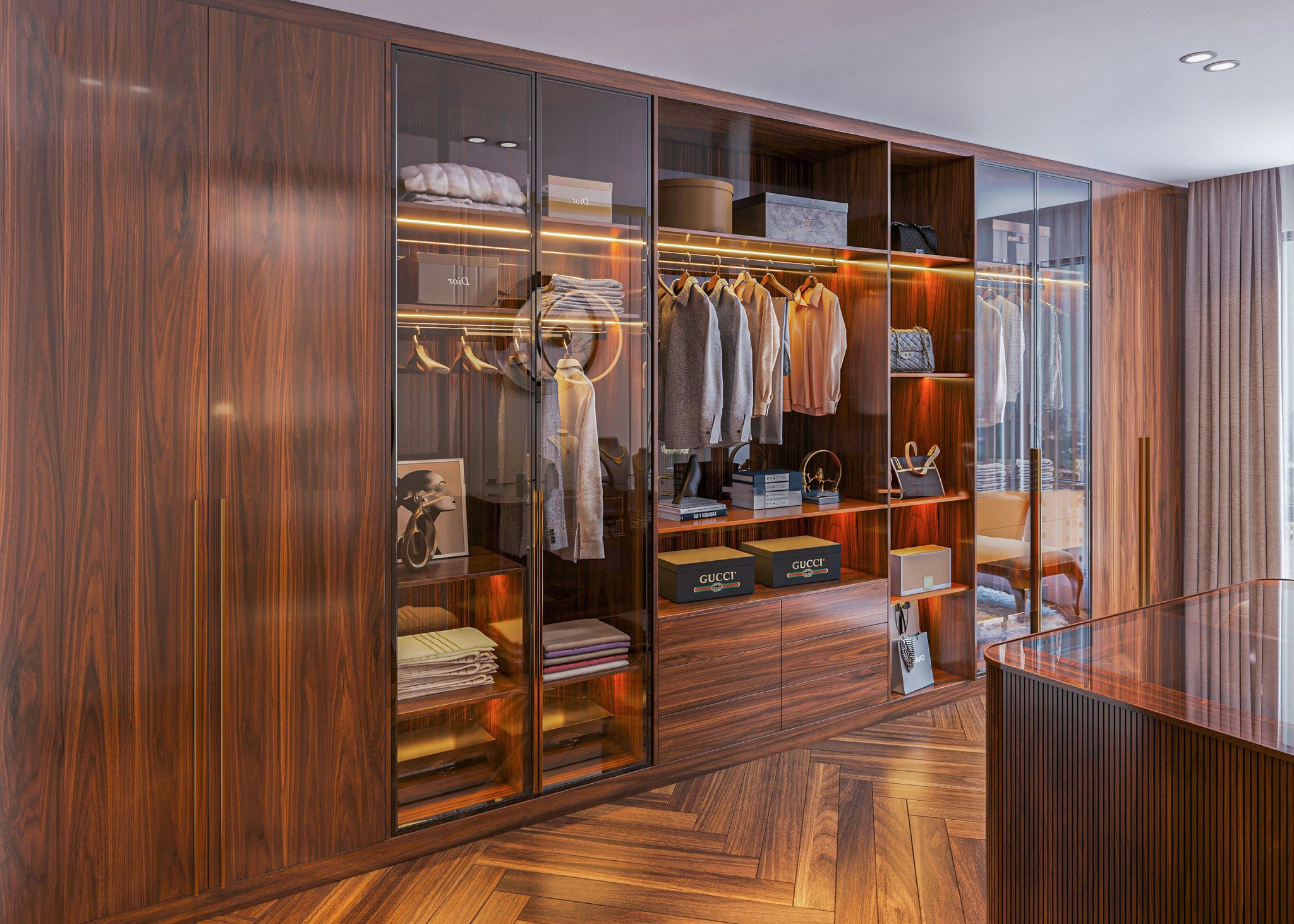 Mẫu thiết kế tủ quần áo gỗ óc chó chú trọng sự cân đối giữa công năng và tính thẩm mỹ.