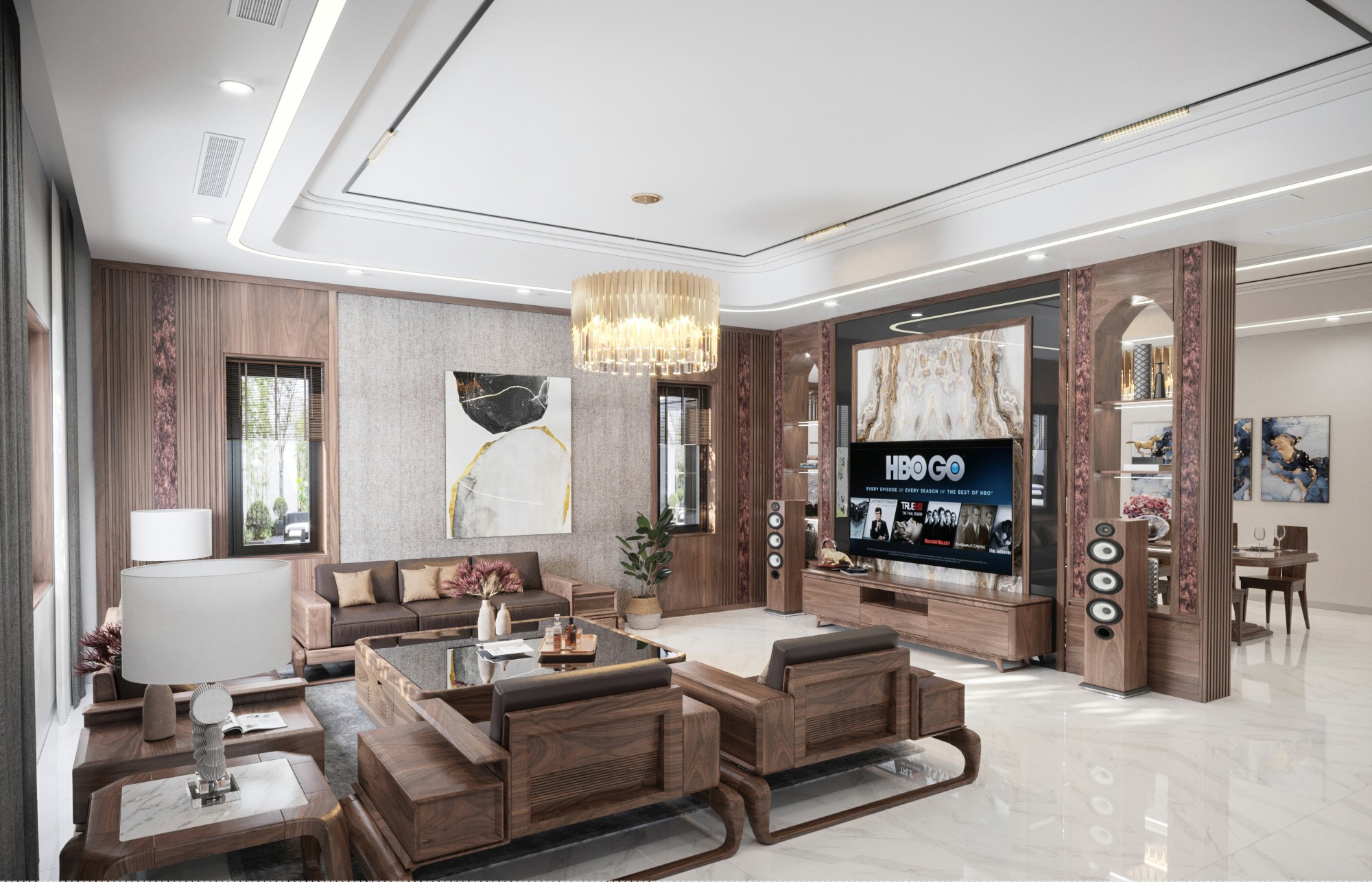 Mẫu trang trí nội thất phòng khách gỗ óc chó đẹp.