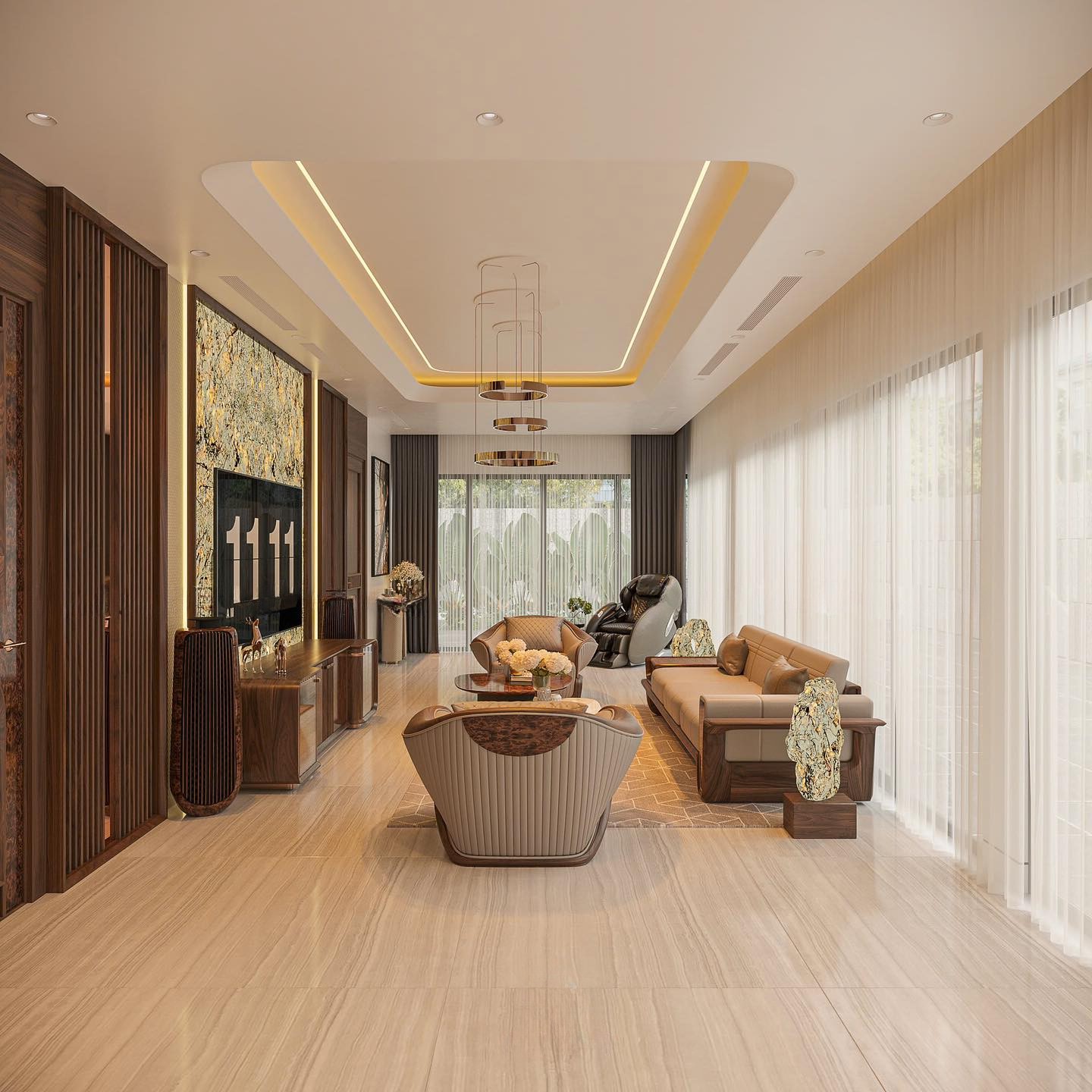 mẫu trang trí phòng khách gỗ óc chó đẹp